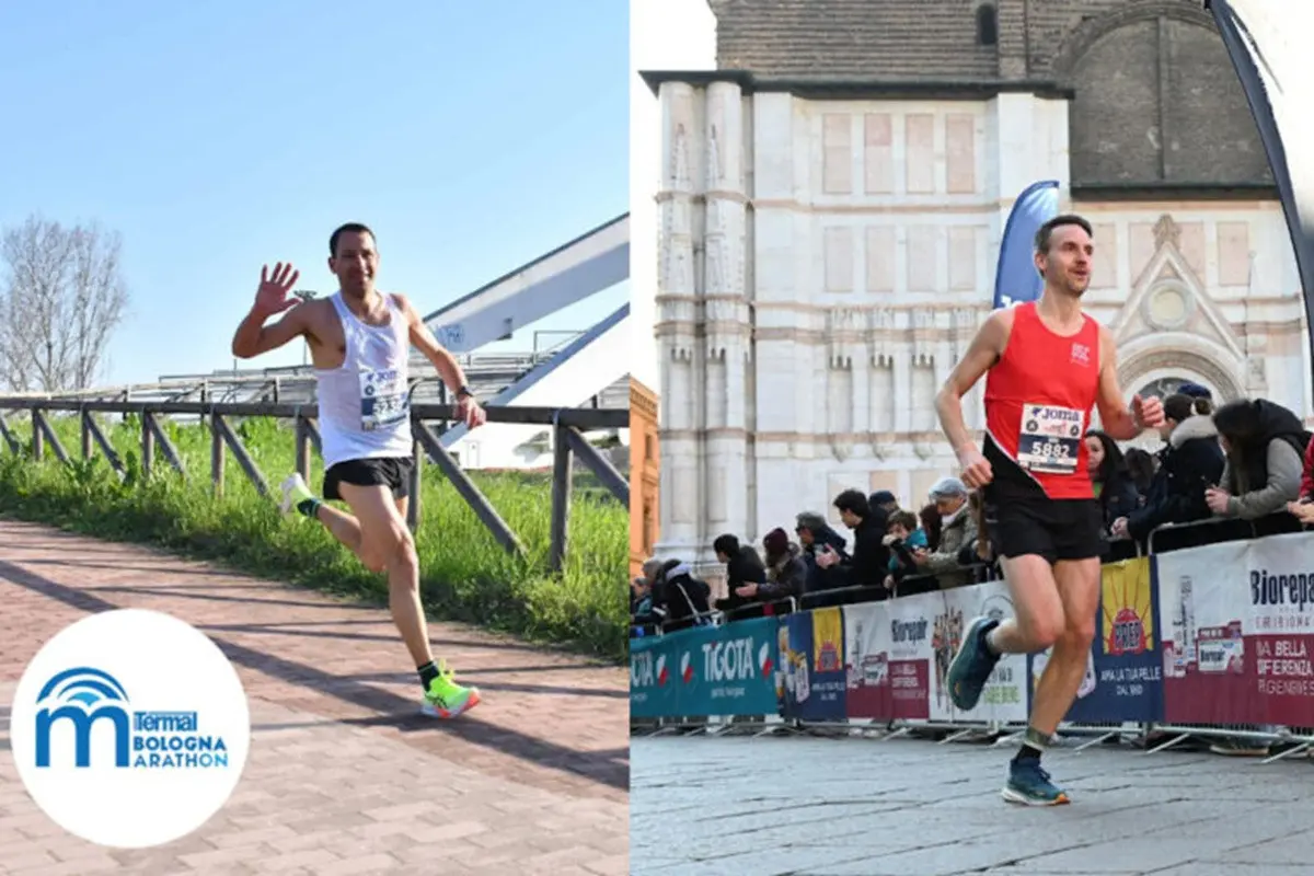 Due corridori partecipano a una maratona, uno in un ambiente all'aperto con vegetazione, l'altro vicino a un'affollata area urbana con bandiere e spettatori. Entrambi sorridono mentre gareggiano.