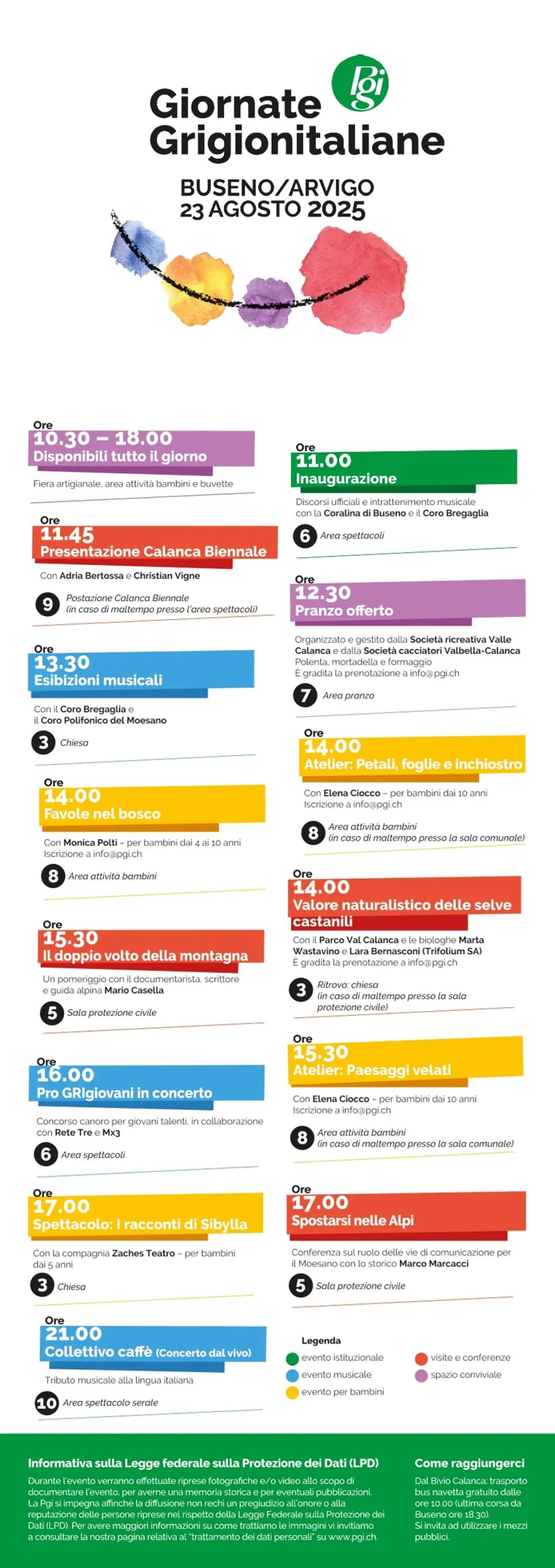 Programma delle Giornate Grigionitaliane a Buseno/Arvigo il 23 agosto 2025, con dettagli su eventi, orari e attività come concerti, conferenze e laboratori.