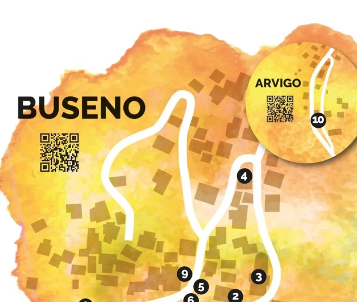 Mappa colorata di Buseno con un cerchio che evidenzia Arvigo. Numeri e un codice QR sono visibili sulla mappa.