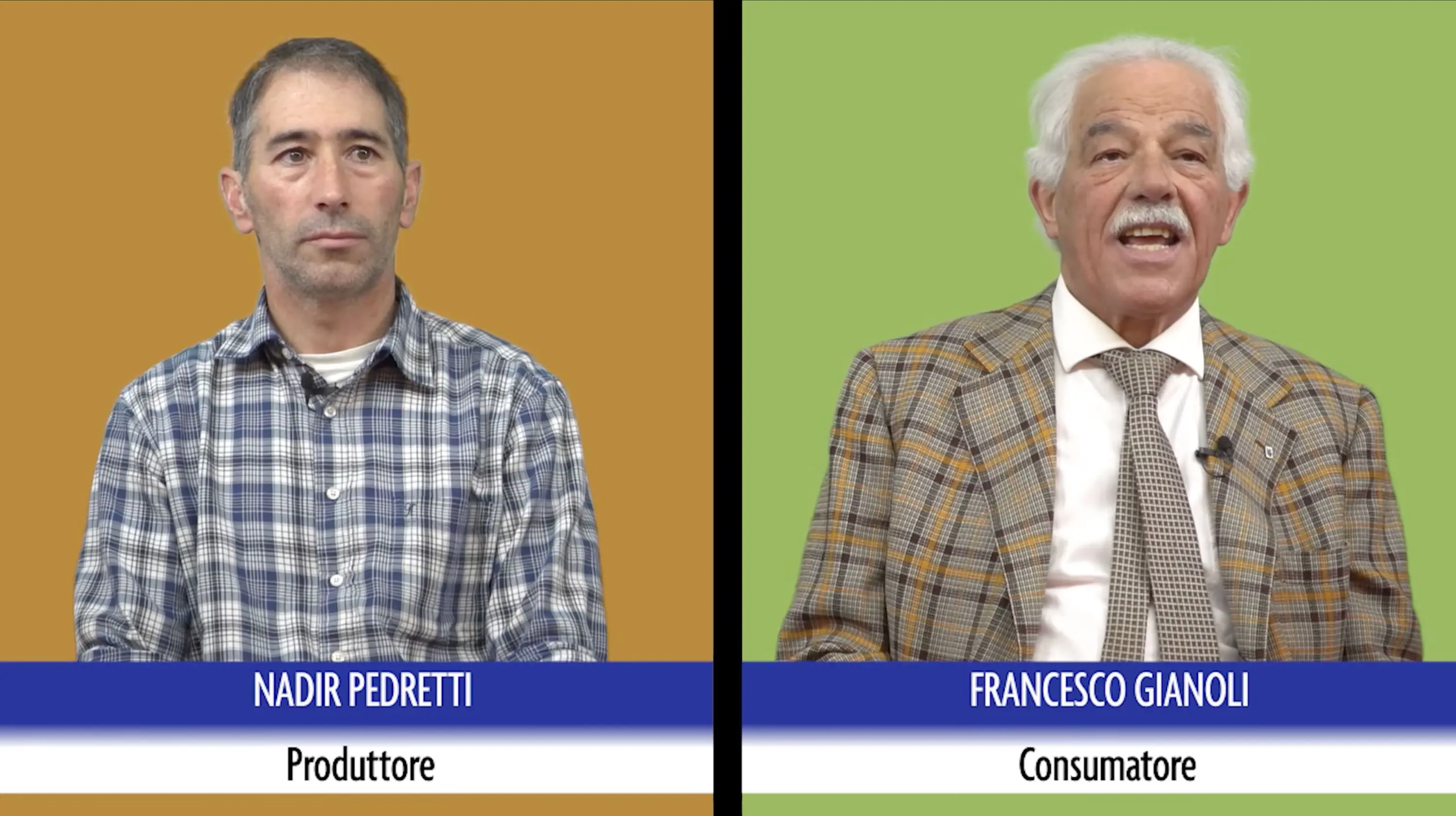 Due uomini su sfondo arancione e verde. A sinistra, un uomo in camicia a quadri parla come produttore. A destra, un uomo anziano in giacca a motivi quadri discute come consumatore.