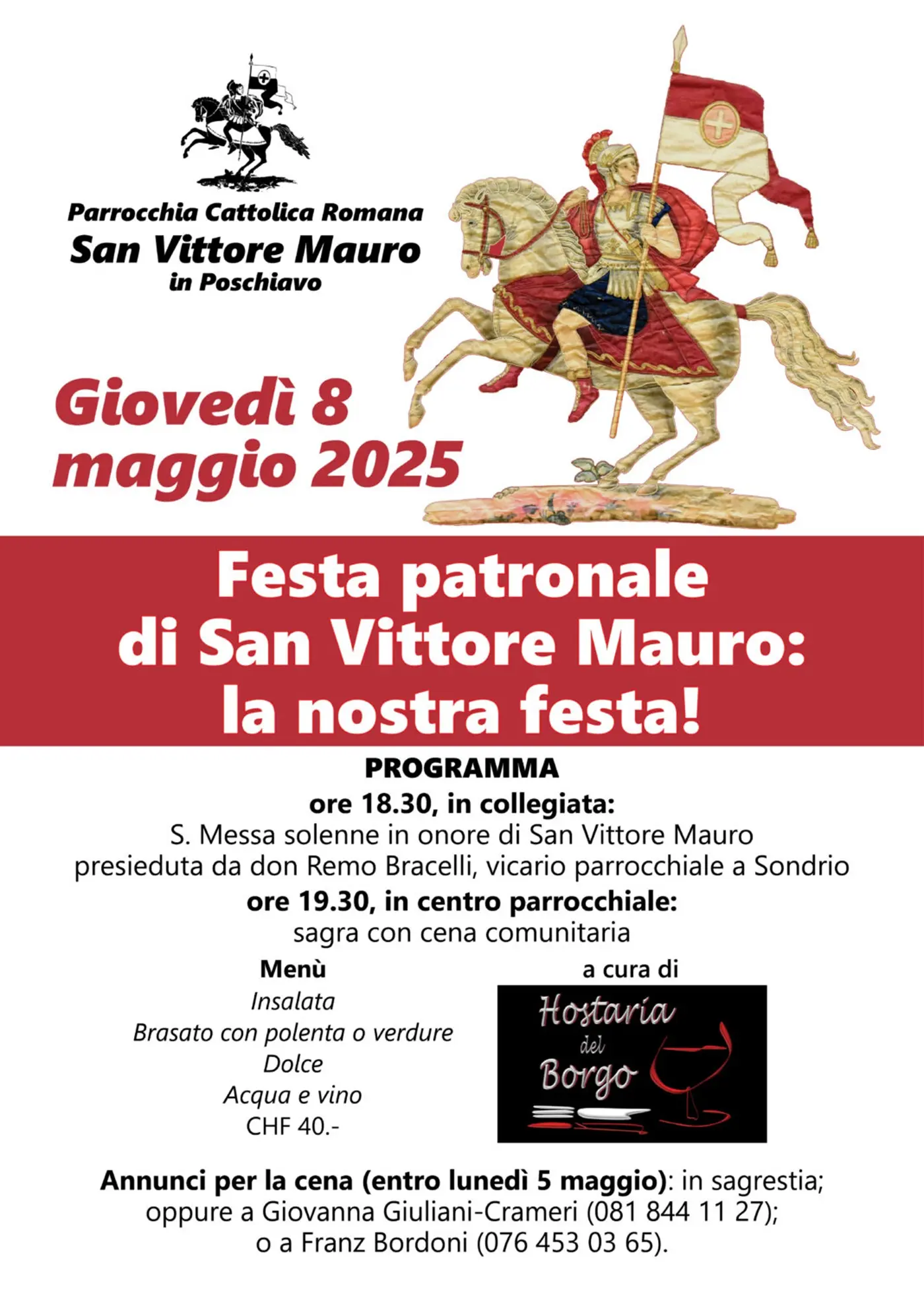 Volantino per la festa patronale di San Vittore Mauro, con dettagli su programma e cena. Include data, orari e contatti per le prenotazioni.