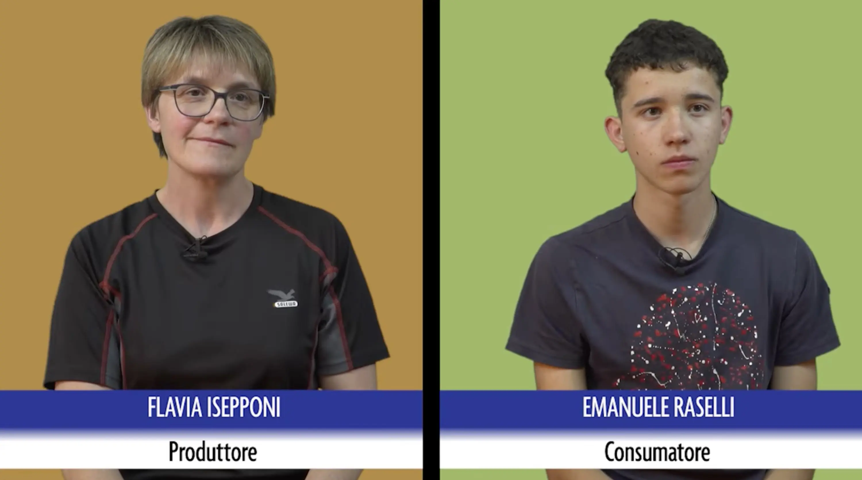 Due persone in primo piano su sfondi colorati. A sinistra, una donna di nome Flavia Isepponi, produttrice, con gli occhiali e indossa una maglietta nera. A destra, un giovane uomo di nome Emanuele Raselli, consumatore, con una maglietta blu scuro e un'espressione seria. Sotto i loro nomi, visi sorridenti e sfondi di colore arancione e verde.