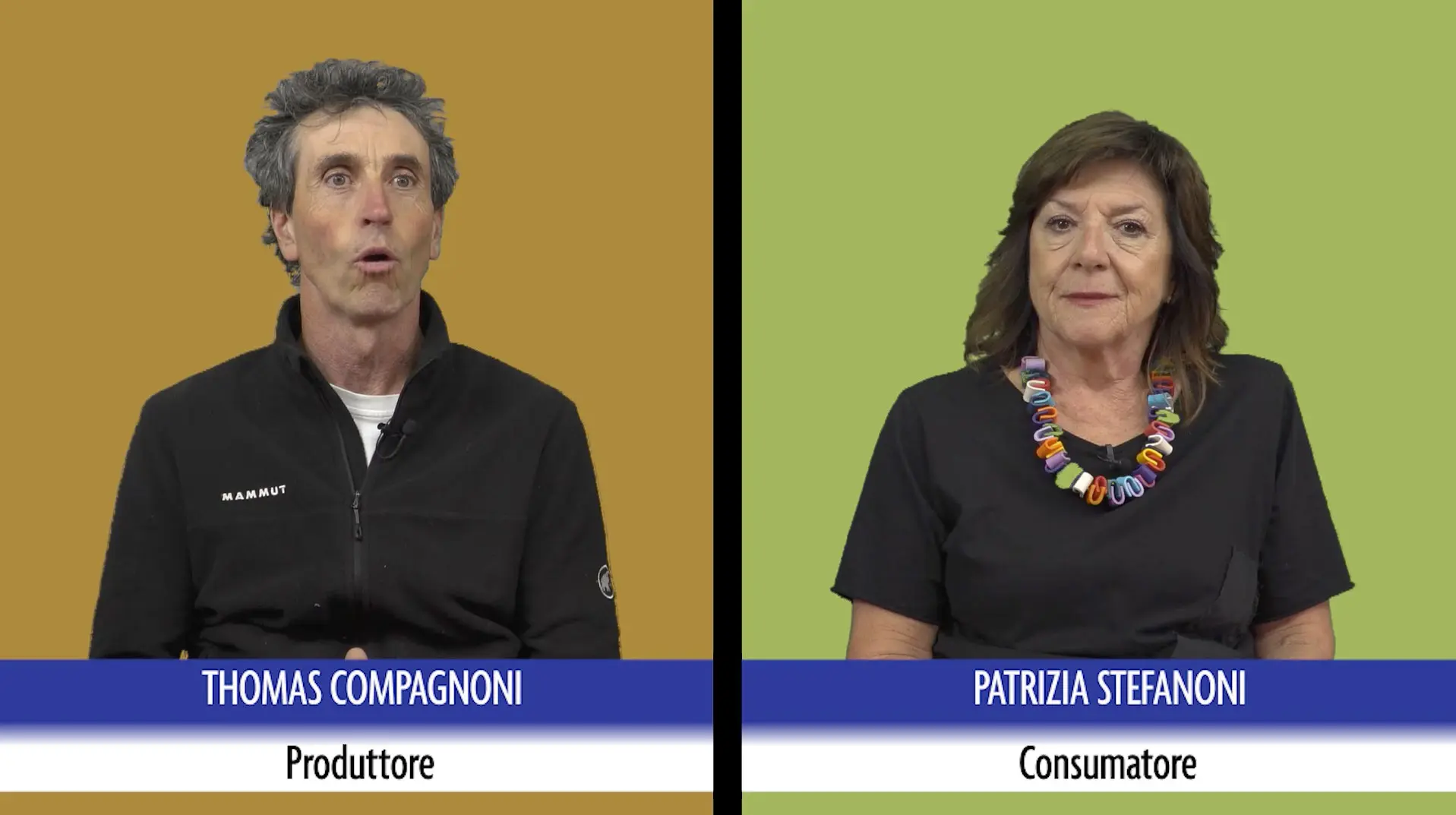 Thomas Compagnoni e Patrizia Stefanoni sono in un'intervista. Compagnoni appare sorpreso, mentre Stefanoni guarda direttamente in camera. Sono divisi da uno sfondo colorato, arancione a sinistra e verde a destra. I loro nomi e ruoli sono indicati in basso.