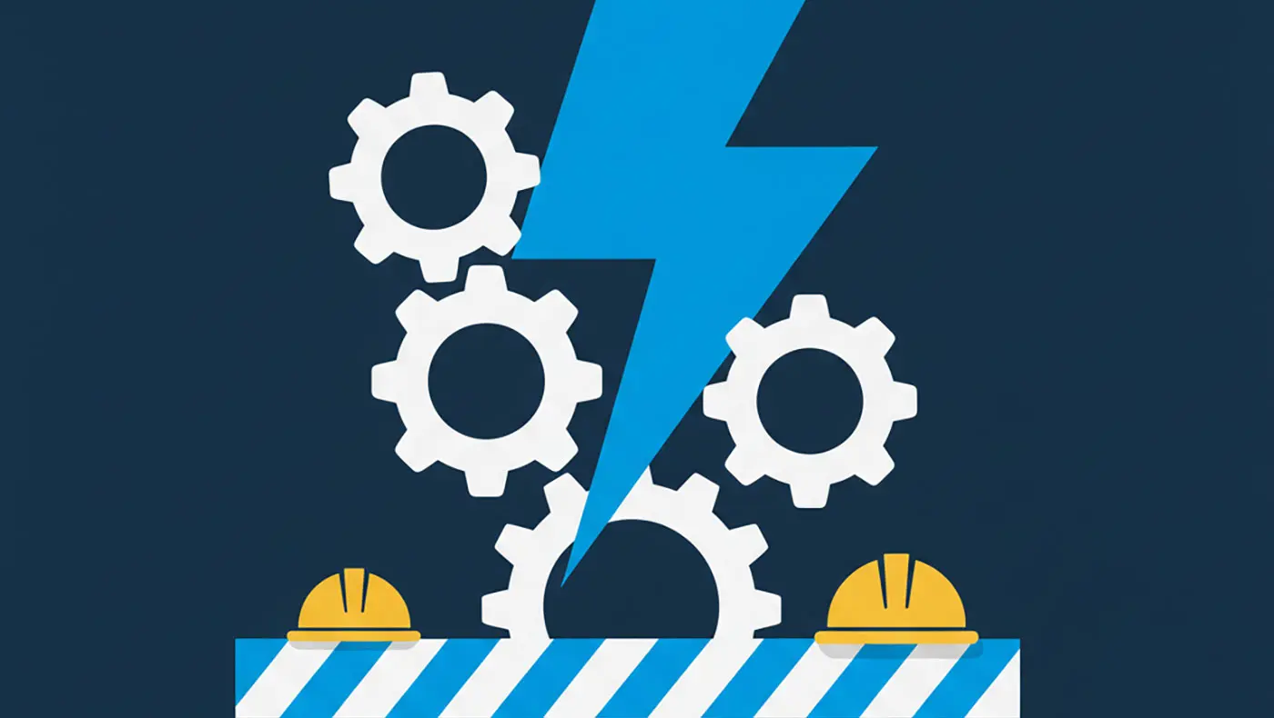 Un fulmine blu attraversa una serie di ingranaggi bianchi su uno sfondo blu scuro. Sotto gli ingranaggi ci sono due elmetti da lavoro gialli.