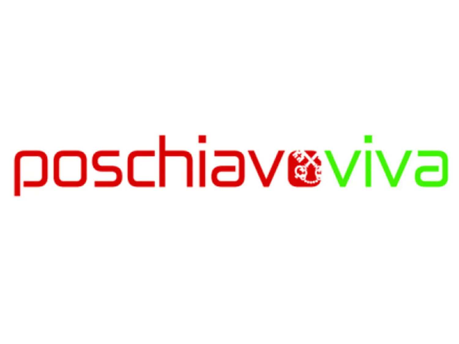 Logo con la scritta "poschiavoviva" in rosso e verde, con un simbolo che rappresenta una chiave di volta.
