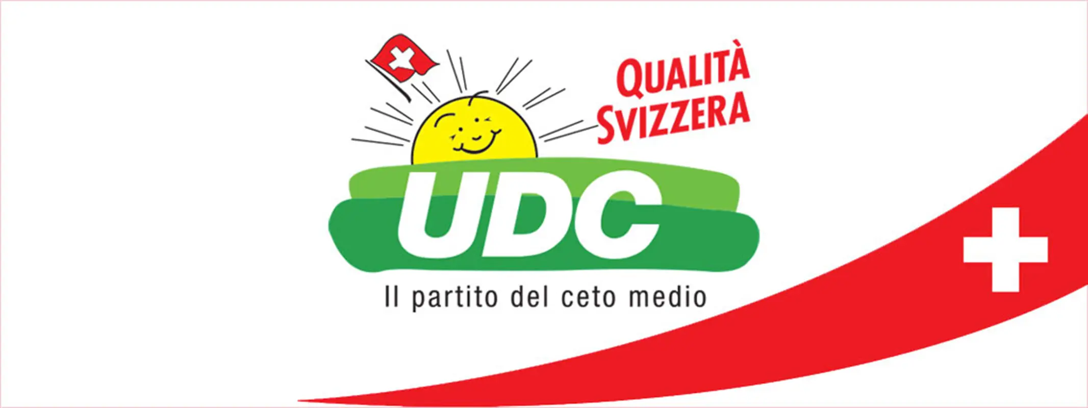 Logo del partito UDC con un sole sorridente e il testo "Qualità Svizzera". Aggiunta di una bandiera svizzera nel design.