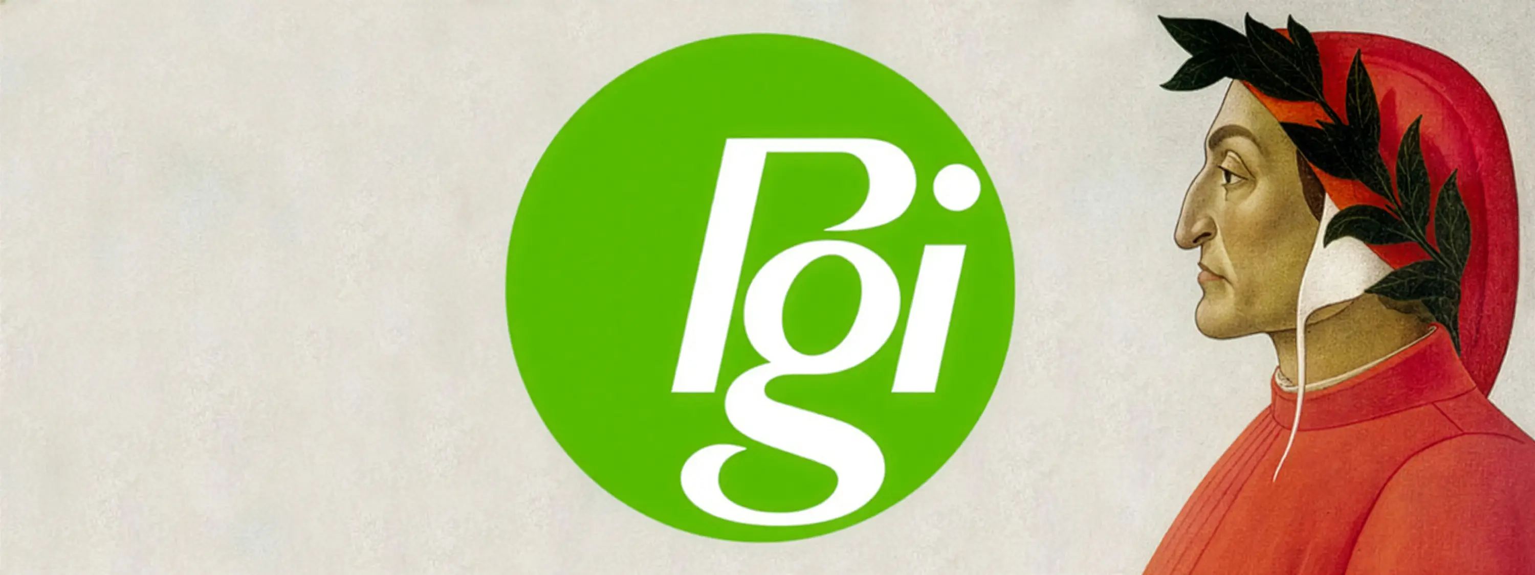 Ritratto stilizzato di Dante Alighieri, con una corona d'alloro e un cappuccio rosso, affiancato a un grande cerchio verde con la scritta "Pgi".