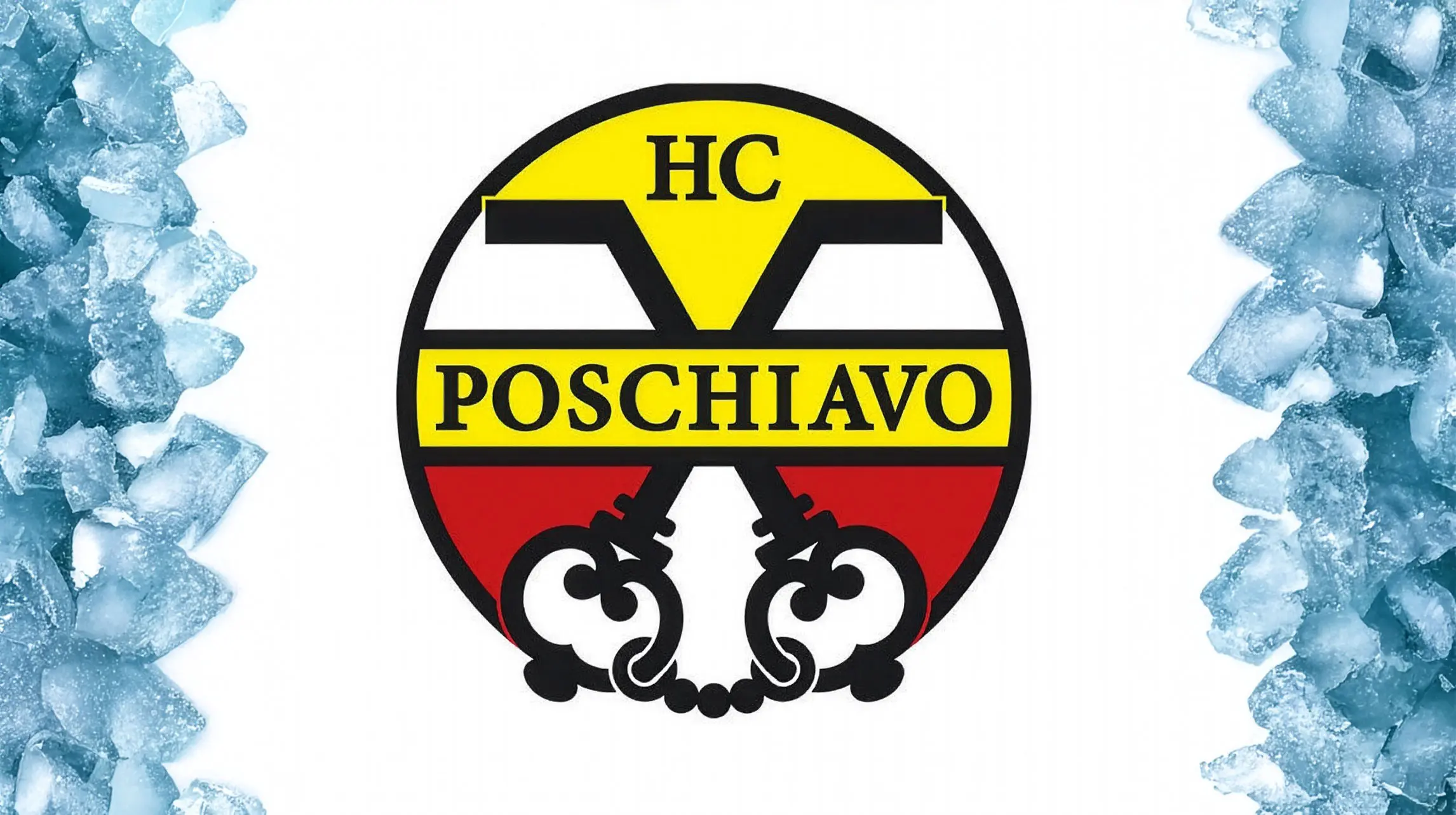 Logo dell'HC Poschiavo con un design circolare. Il logo presenta i colori giallo, rosso e nero, con elementi decorativi. È incorniciato da cubetti di ghiaccio.