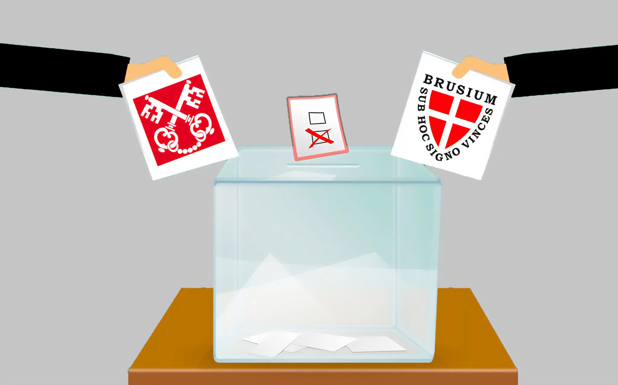 Due mani inseriscono schede elettorali in una urna trasparente. Una scheda è contrassegnata con simboli rossi e bianchi, l'altra presenta una croce rossa su uno sfondo bianco. La scena rappresenta un momento di voto.