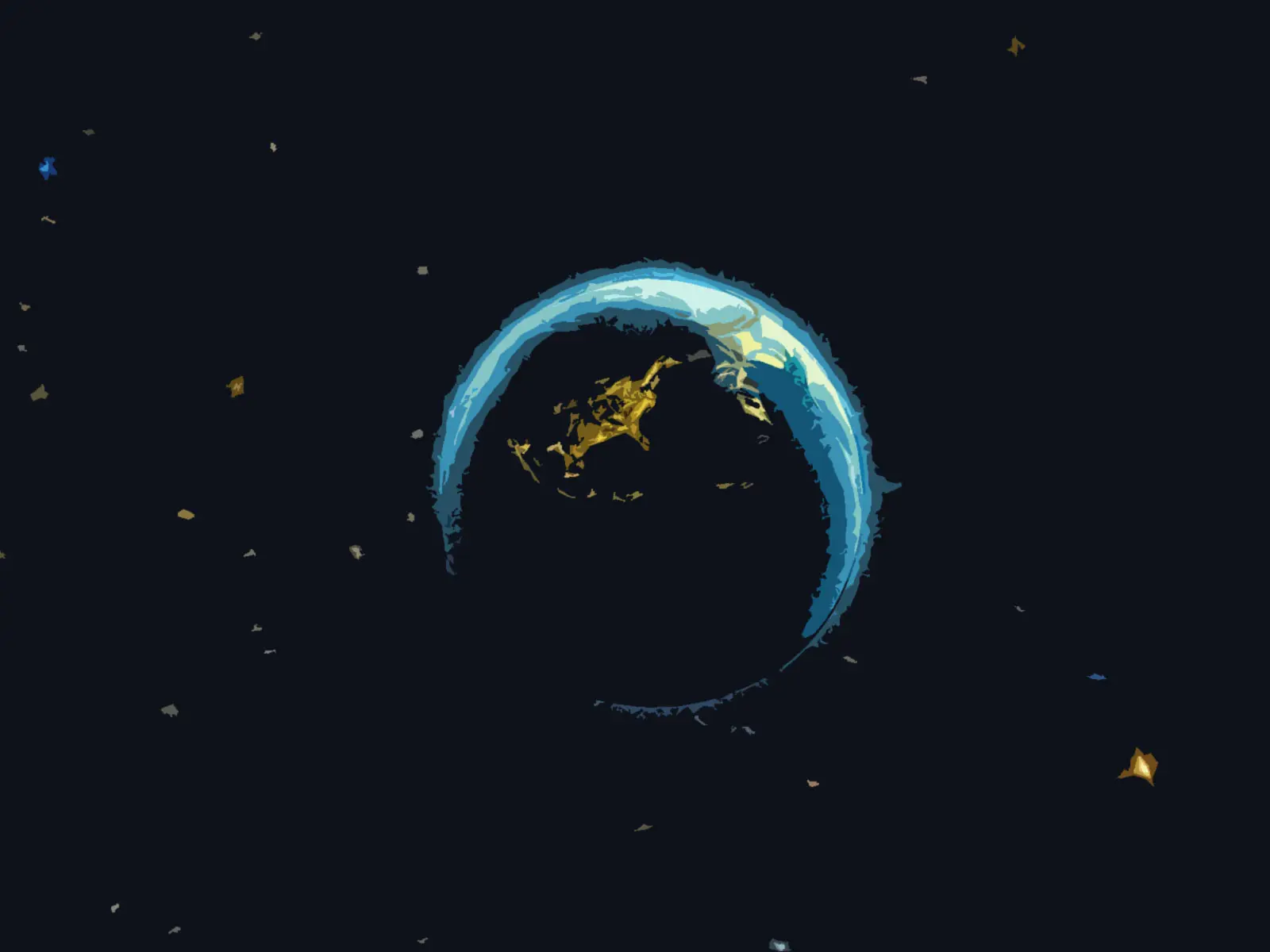 Terra vista dallo spazio, con continenti evidenziati in blu e giallo su uno sfondo scuro. Stelle e particelle luminose fluttuano attorno al pianeta.