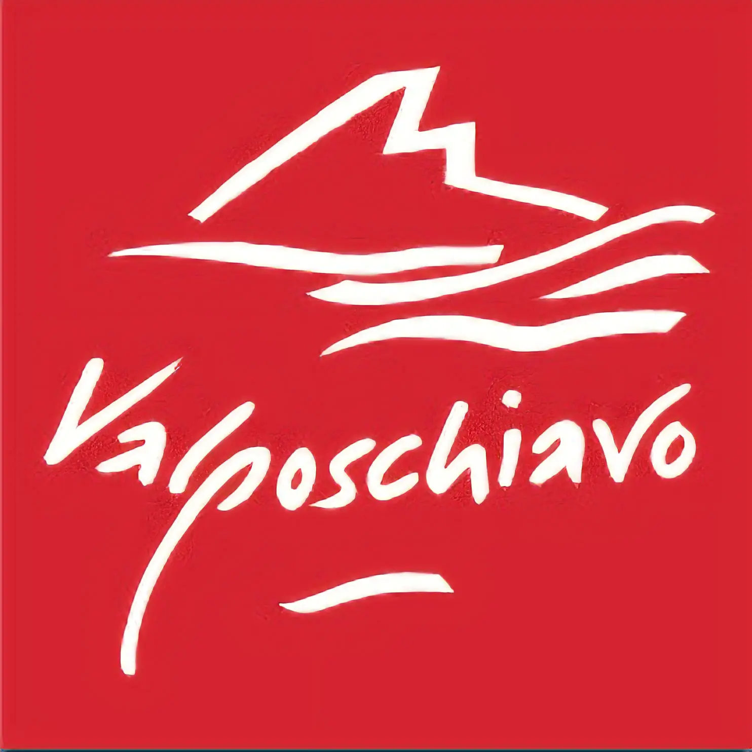 Logo di Valposchiavo con un design stilizzato di montagne e onde, su uno sfondo rosso.