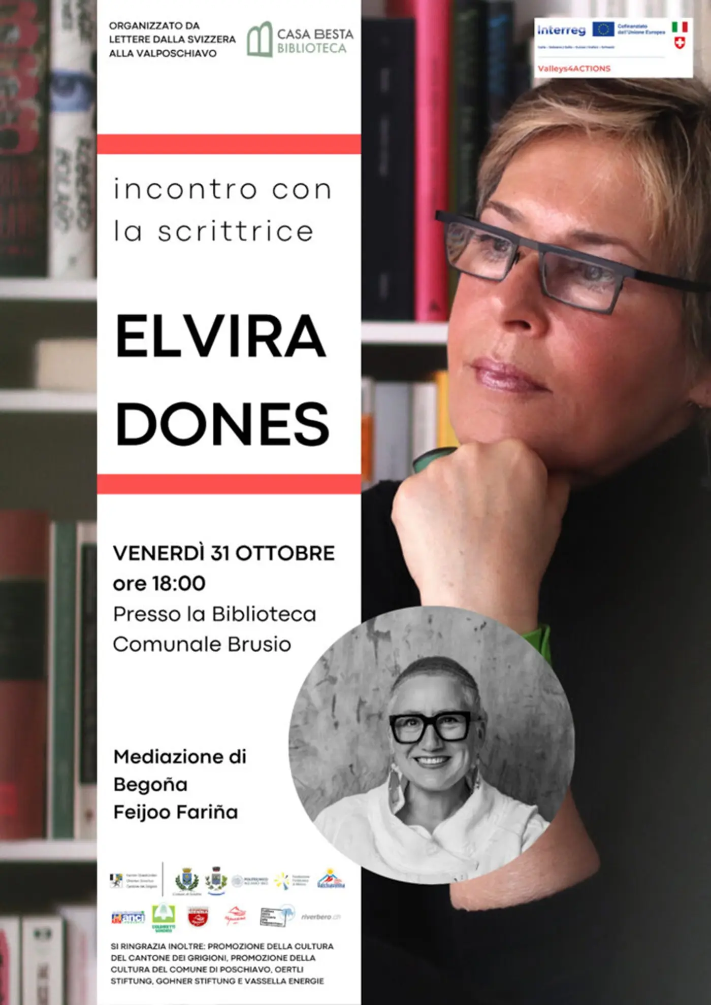 Incontro con la scrittrice Elvira Dones, con dettagli dell'evento come data e ora. Include una foto di Elvira Dones e informazioni sulla mediatrice Begoña Feijoo Farina.