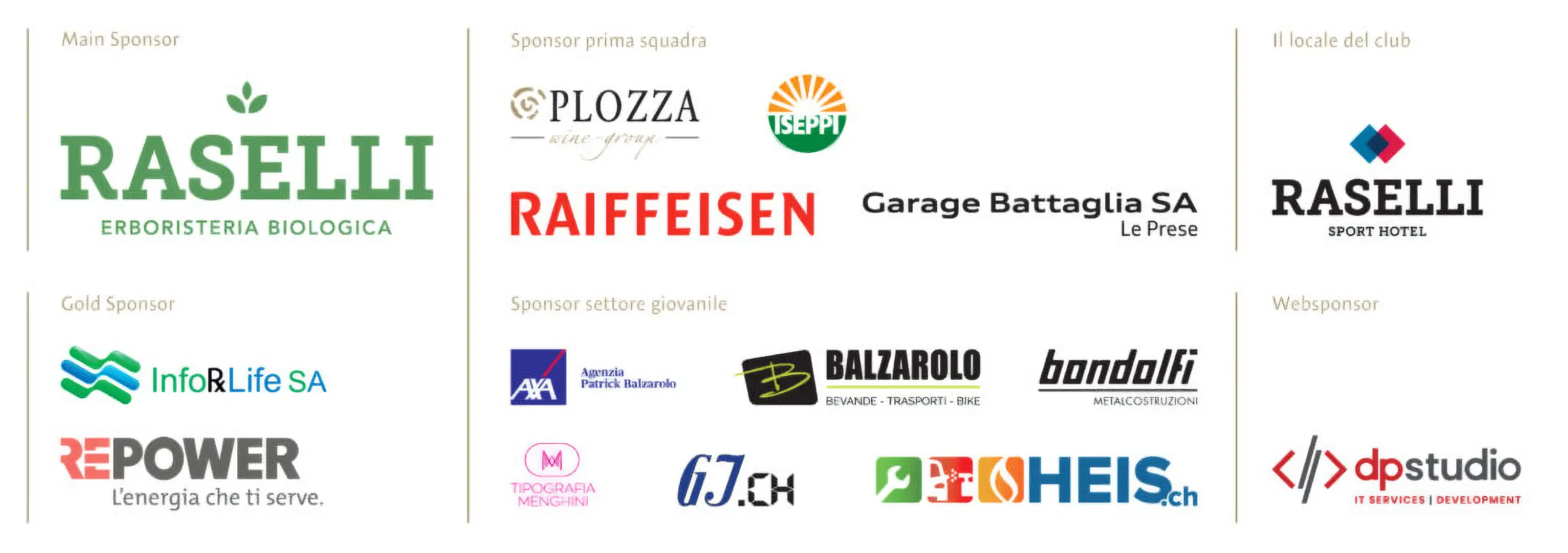 Logo di diversi sponsor per un evento. Includono Raselli, Plozza, Raiffeisen e altri, con categorie come Main Sponsor, Gold Sponsor e Web Sponsor.