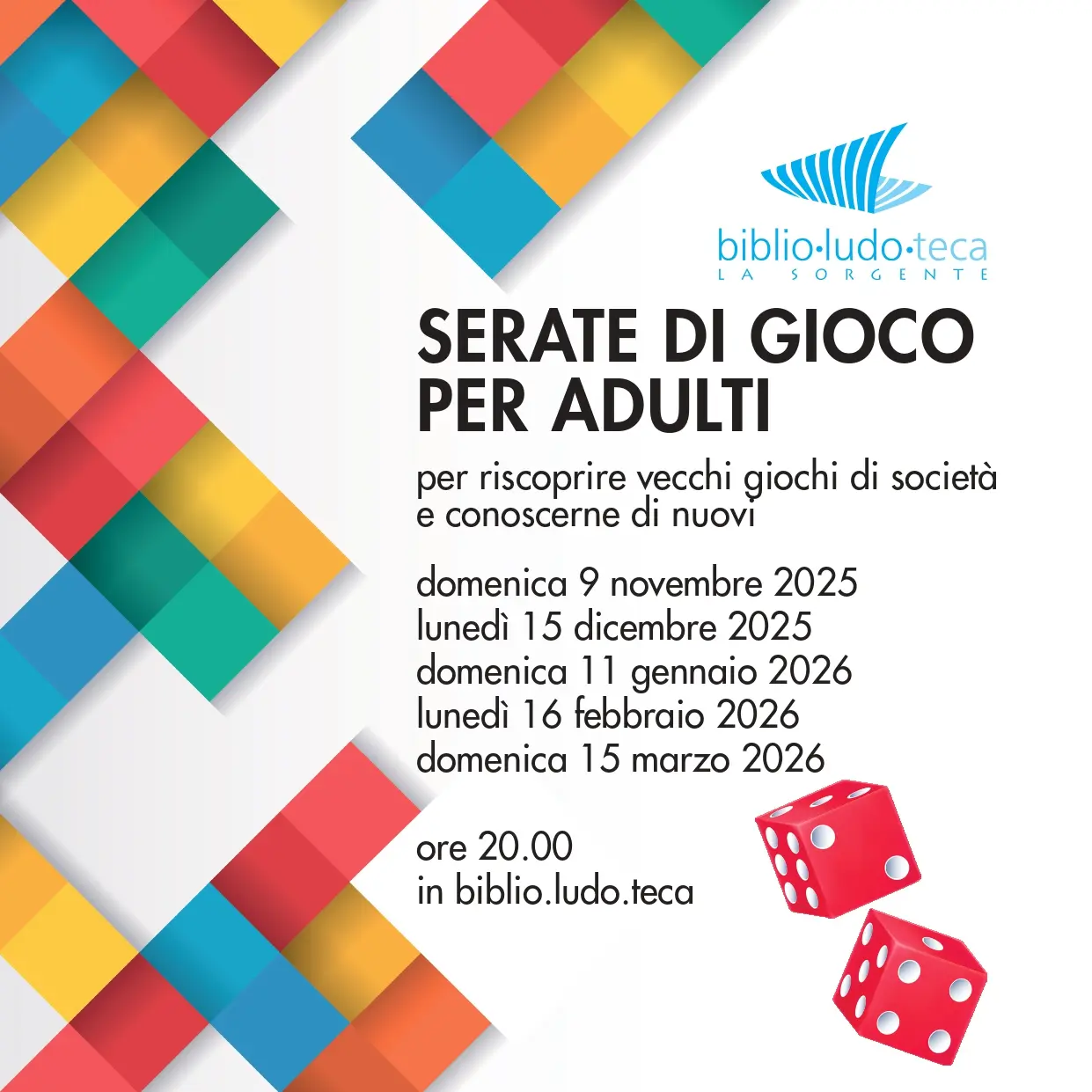 Serate di gioco per adulti con dettagli delle date e ora. Include un logo e svariati colori geometrici.