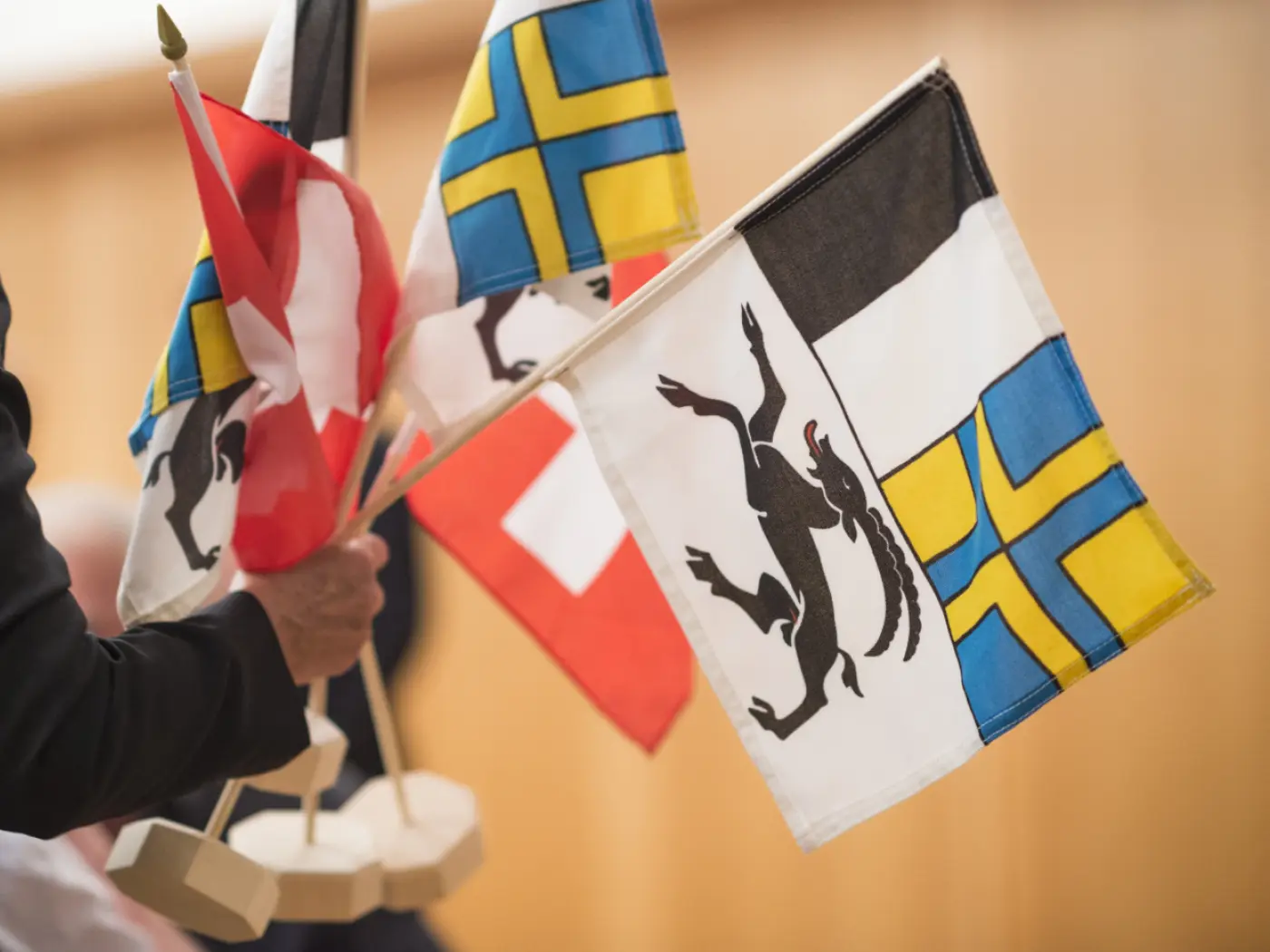 Bandierine di diverse nazioni, tra cui la Svizzera e una rappresentante di un comune, sono tenute da una mano in un ambiente interno.