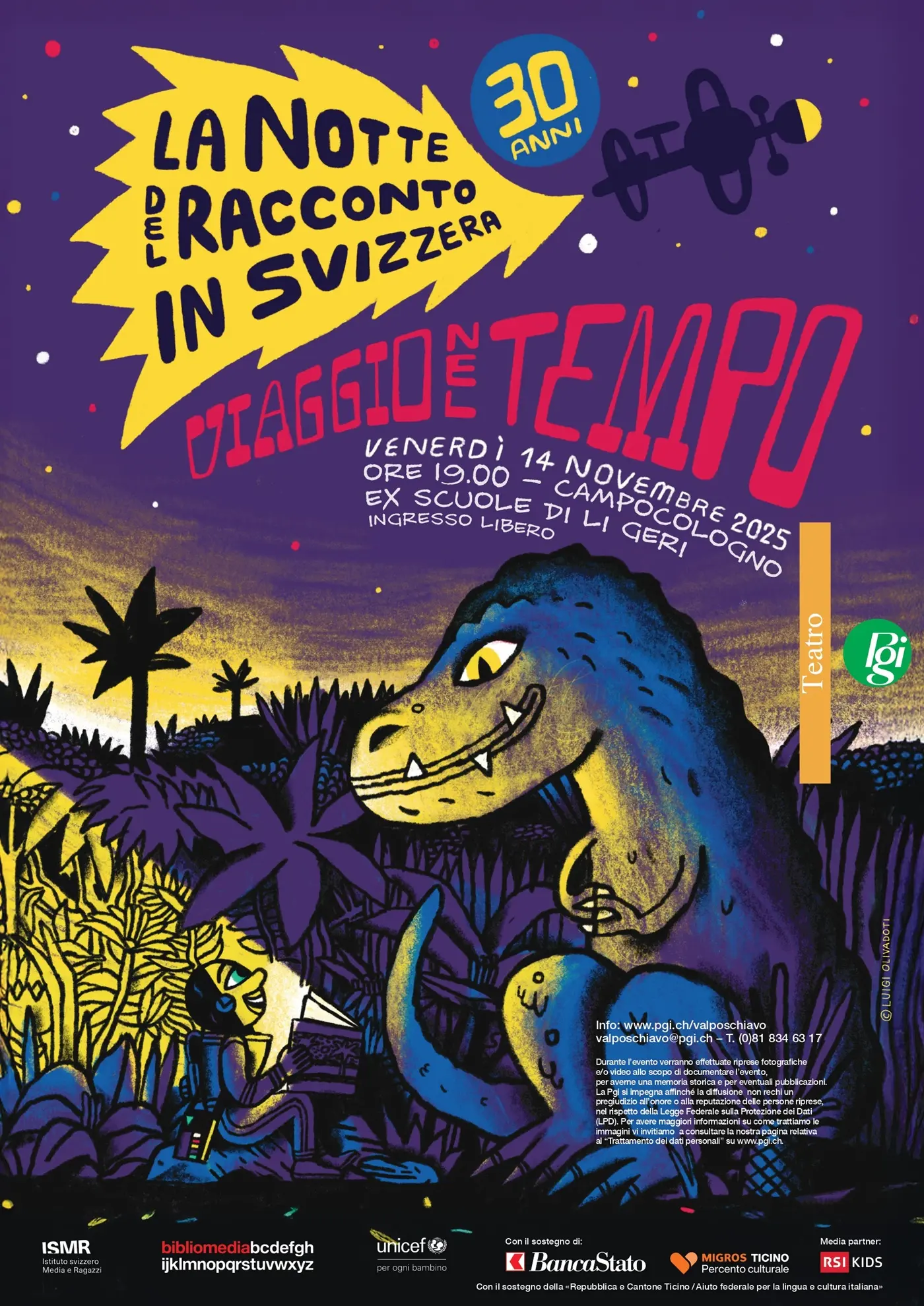 Manifesto colorato per l'evento "La notte del racconto in Svizzera". Include un drago verde e un paesaggio fantastico. Dettagli della data e del luogo in evidenza, con caratteri vivaci e stilizzati.