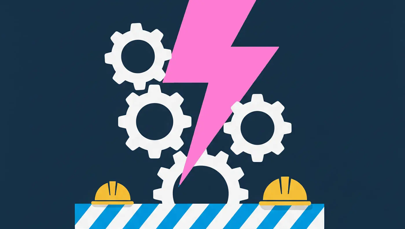 In un fondo scuro, ingranaggi bianchi sono disposti in alto, con un fulmine rosa che scende al centro. Due elmetti gialli si trovano alla base, su una striscia bianca e blu.