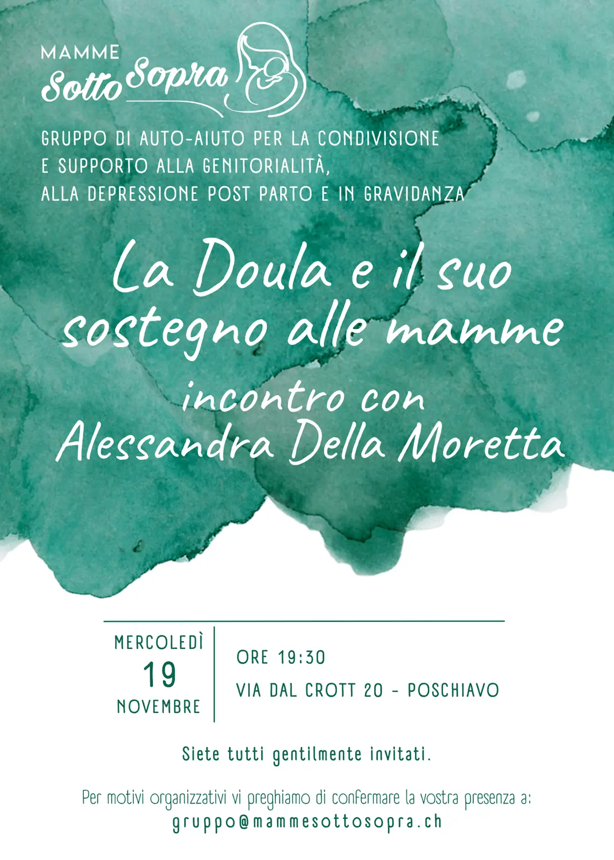 Invito a un incontro sul supporto delle mamme, con informazioni sulla doula, organizzato da un gruppo di auto-aiuto. Data e ora indicate: mercoledì 19 novembre, ore 19:30.