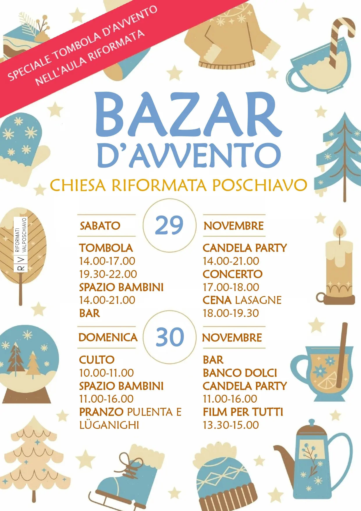 Manifesto del Bazar d'Avvento con dettagli su eventi del 29 e 30 novembre. Include attività come tombola, concerto, candel party e pranzo con polenta e luganighe. Decorazioni natalizie nel design.