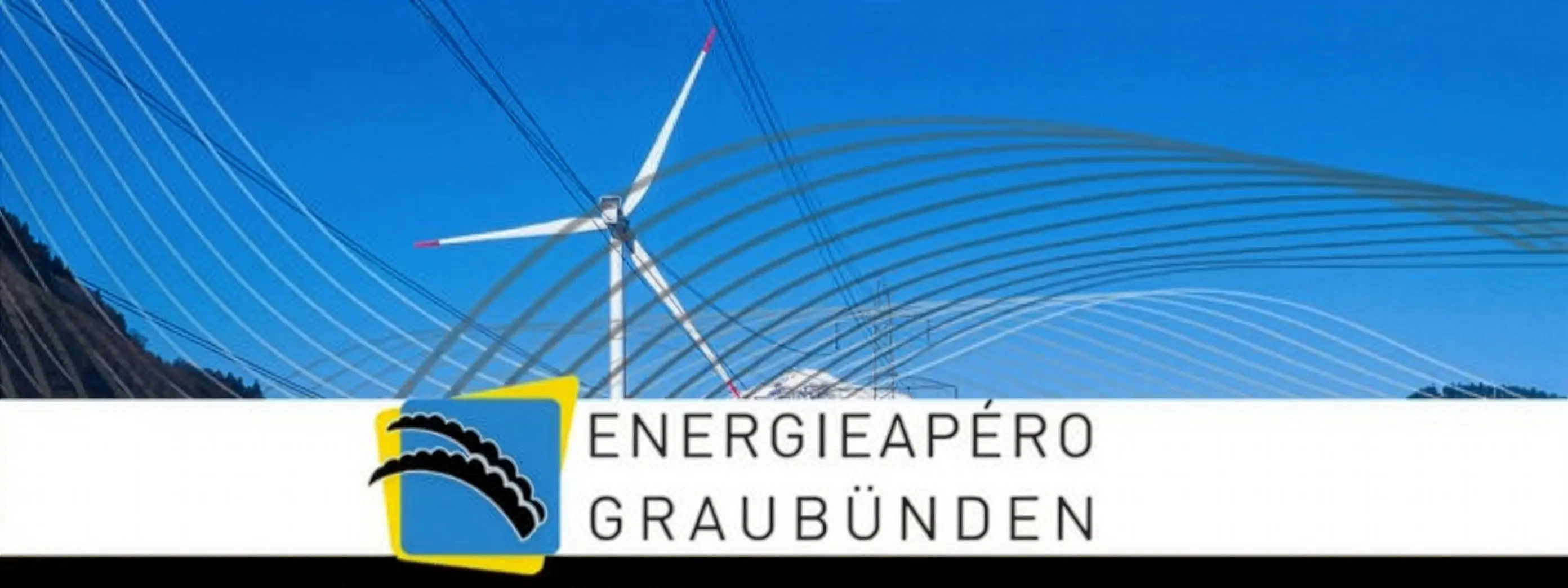Logo di Energieapéro Graubünden con un mulino a vento sullo sfondo, circondato da linee blu che richiamano energia.