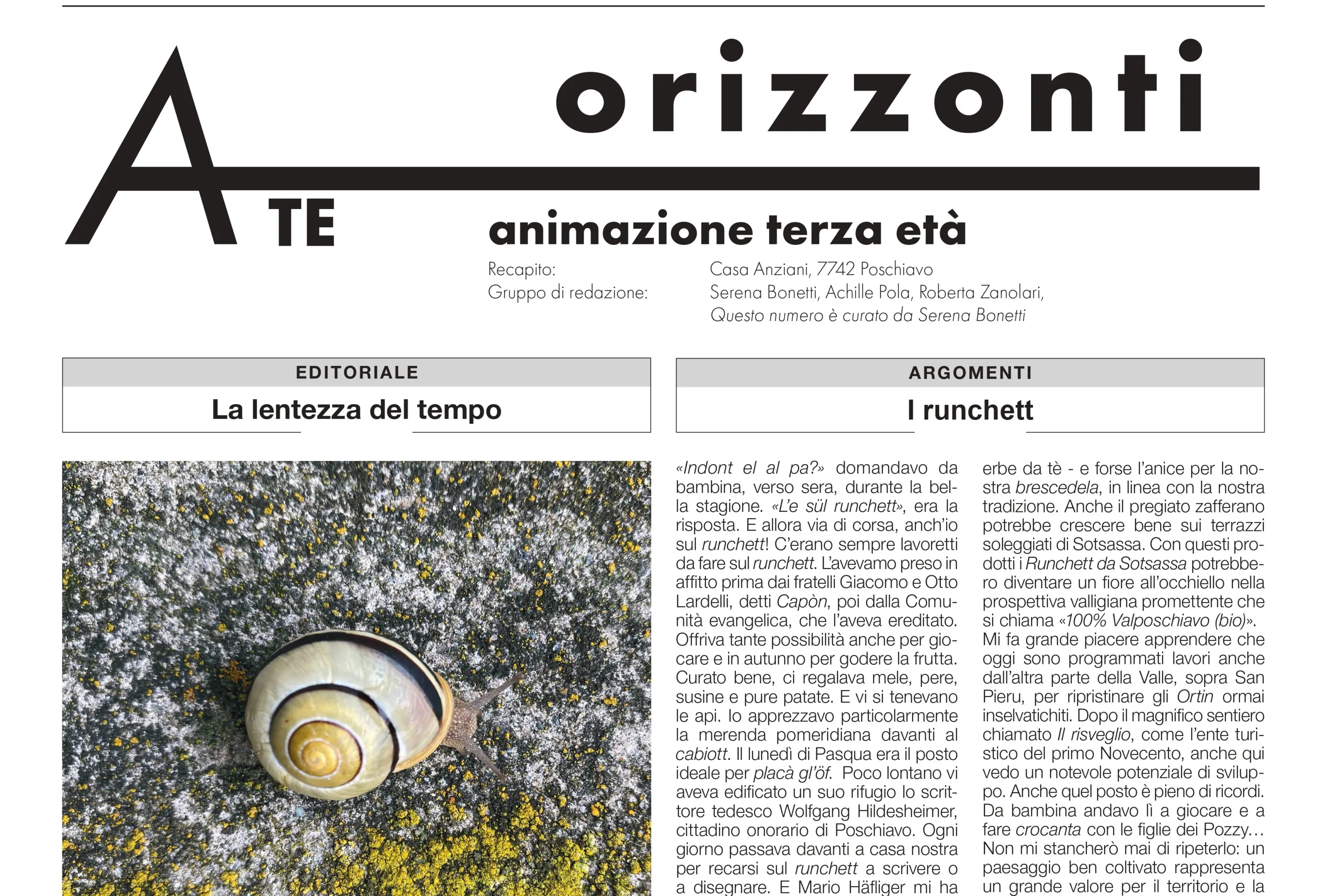 Testo di un articolo su una rivista intitolata "Orizzonti", che tratta di animazione per la terza età. Si evidenziano argomenti come la lentezza del tempo e i "runchétt".