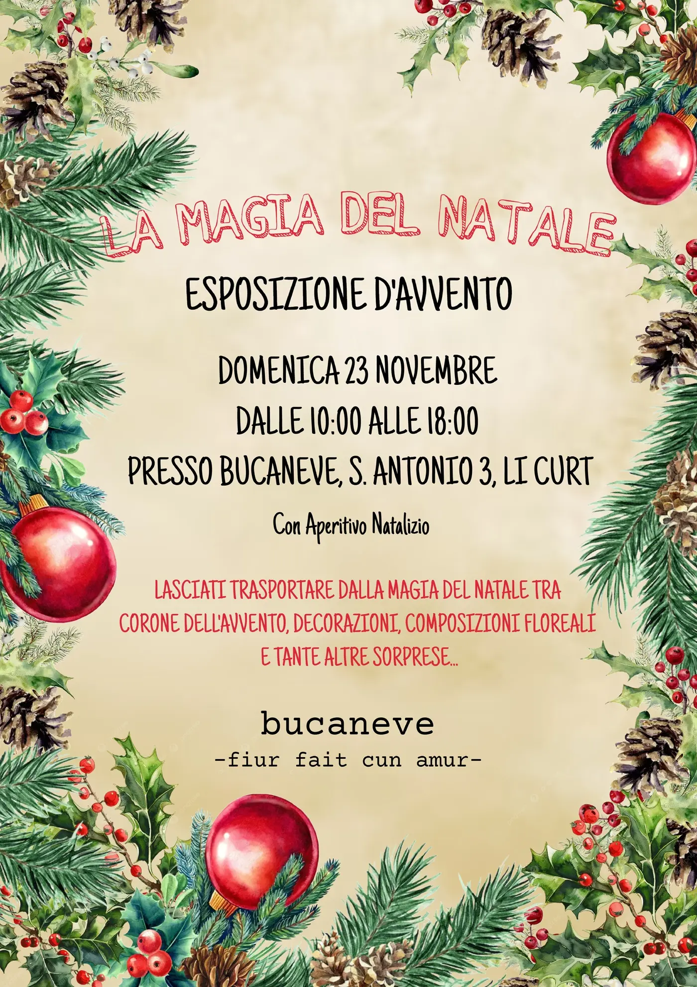 Volantine festivo con decorazioni natalizie. Annuncia un'esposizione d'avvento il 23 novembre, dalle 10:00 alle 18:00, presso Bucaneve. Include un aperitivo natalizio e invita a scoprire magie e sorprese legate