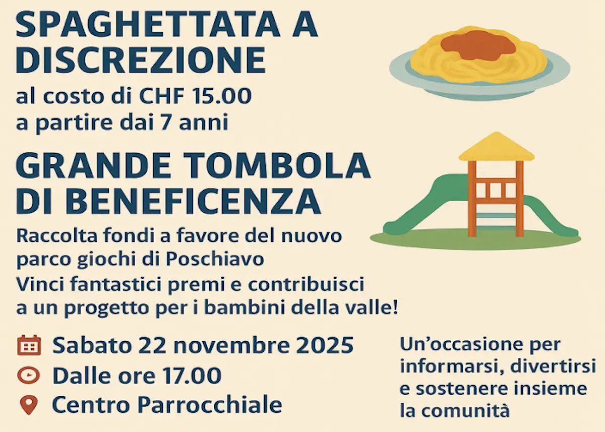 Evento di beneficenza con spaghettata a discrezione e tombola. Data: 22 novembre 2025, dalle 17:00, presso il Centro Parrocchiale di Poschiavo. Attività per i bambini e raccolta fondi per un nuovo parco
