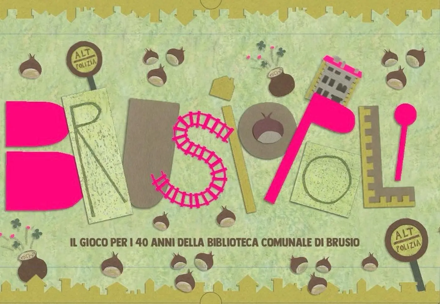 Un design colorato e giocoso per il gioco "Brusiopoli", celebrando il 40° anniversario della Biblioteca Comunale di Brusio. Include elementi grafici come matite, un edificio e ghiande su uno sfondo testurizzato.