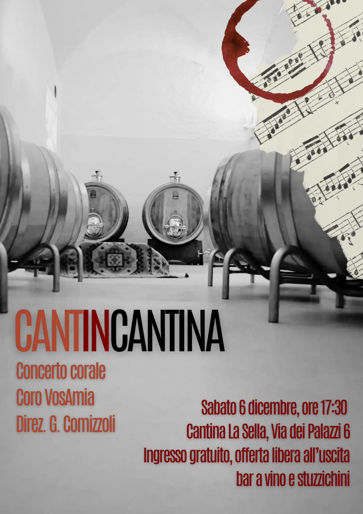 Manifesto per un concerto corale intitolato "CANTINCANTINA". Include informazioni sul coro VosAmia, la direzione di G. Comizzoli e dettagli sull'evento