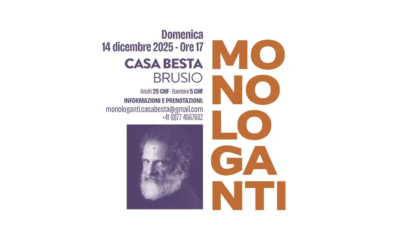 Locandina per un evento presso Casa Besta a Brusio, il 14 dicembre 2025, alle 17. In alto a sinistra le informazioni della data, ora e luogo,