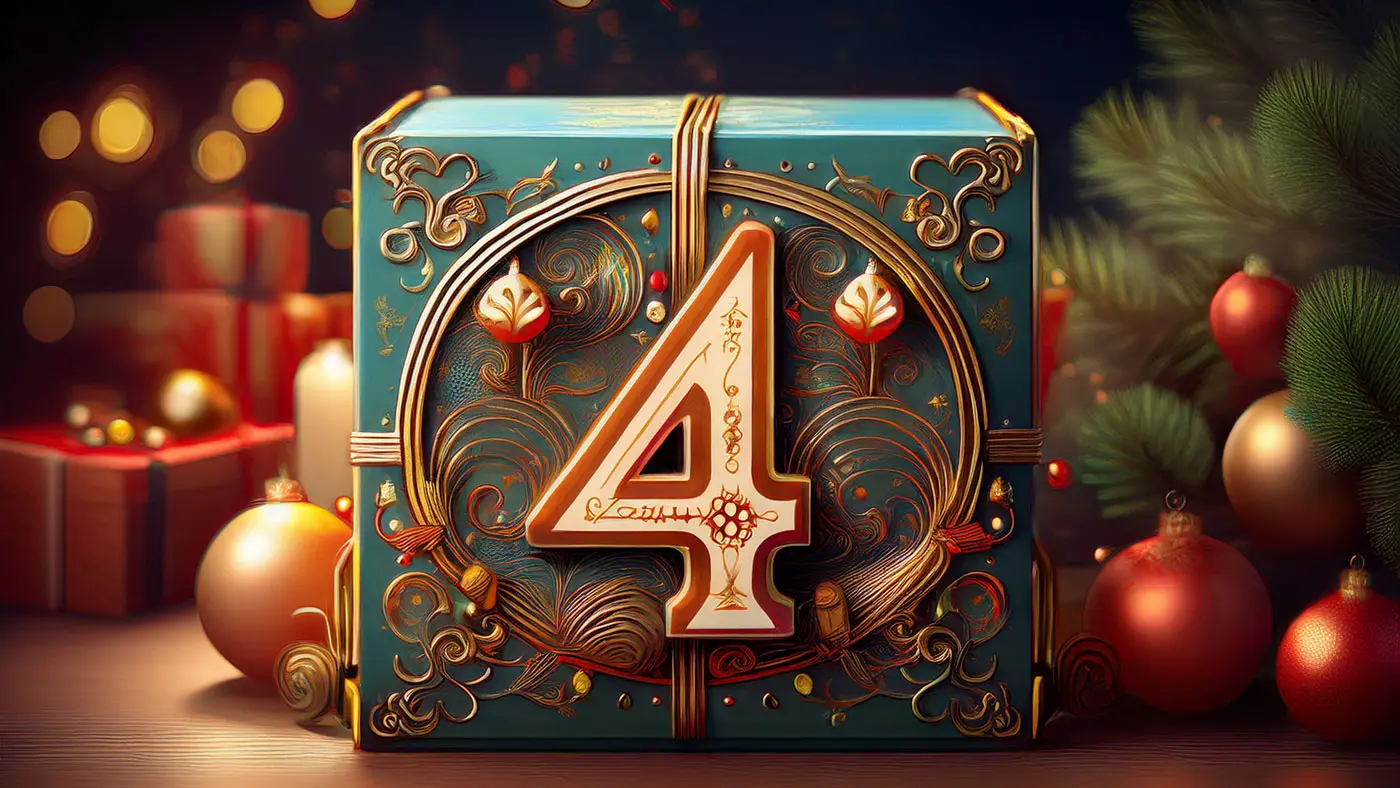 Scatola regalo elegante con il numero 4 in oro, decorata con disegni intricati e ornamenti festivi. Sullo sfondo, palle di Natale rosse e dor