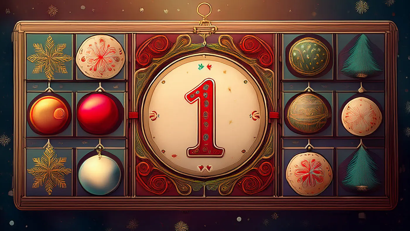 Calendario dell'Avvento colorato con decorazioni natalizie. Al centro, un grande cerchio con il numero uno. Sui lati, ornamenti a forma di palline, fioc