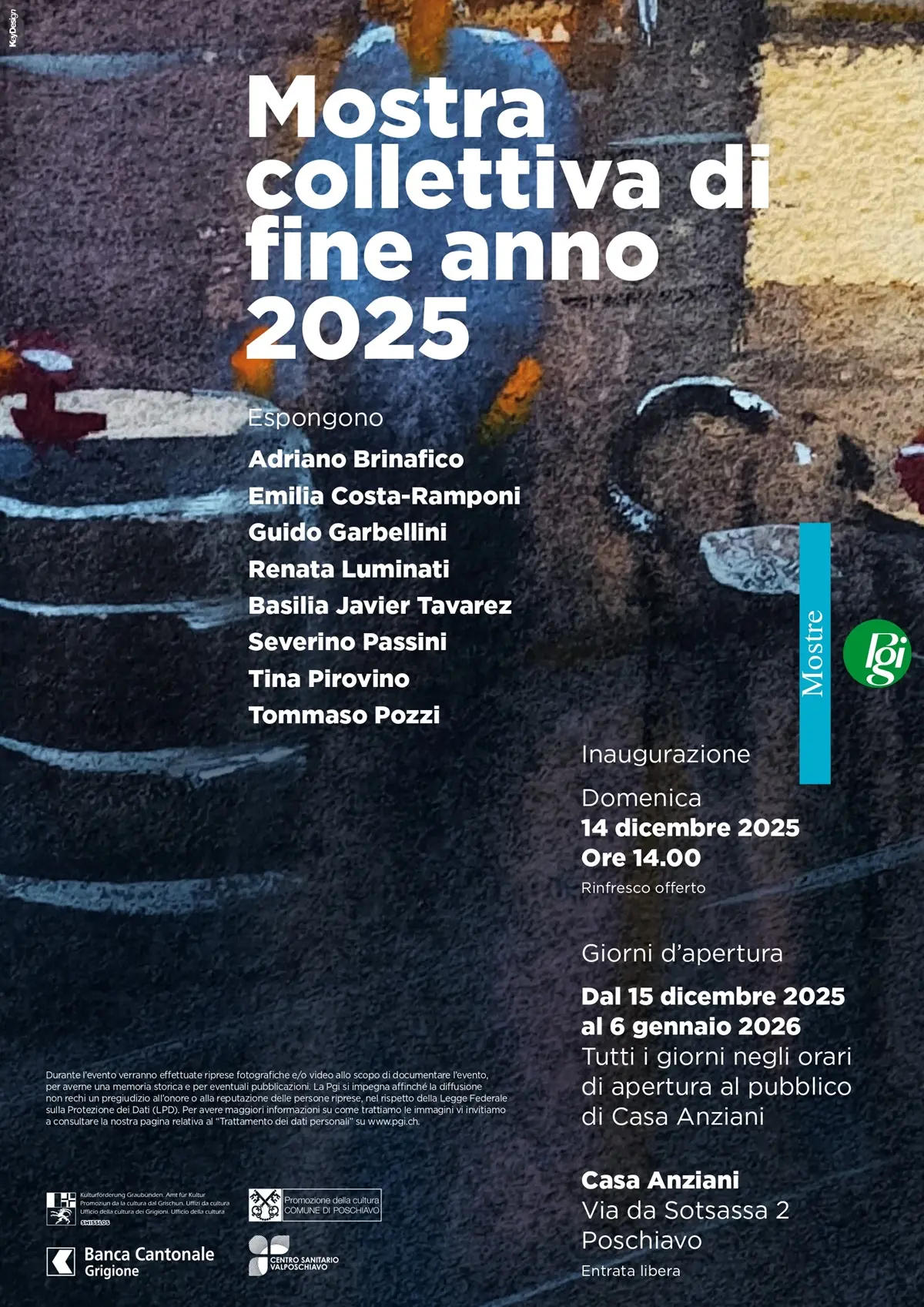 Mostra collettiva di fine anno 2025. Espositori elencati includono Adriano Brinafico, Emilia Costa-Ramponi, Guido Garbellini, e