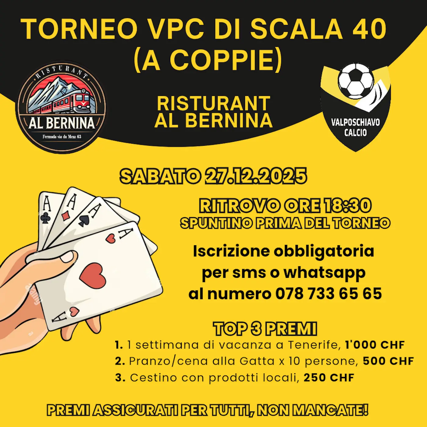 Volantino per il Torneo VPC di Scala 40 a coppie, che si terrà il 27 dicembre 2025. Indica il ritrovo alle 18:30 con