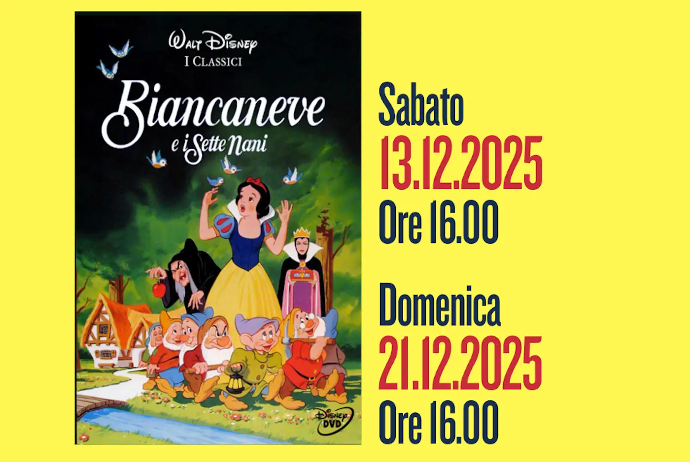 Copertina del film "Biancaneve e i Sette Nani" con Biancaneve e i sette nani in un paesaggio forestale. Dettagli dell'evento