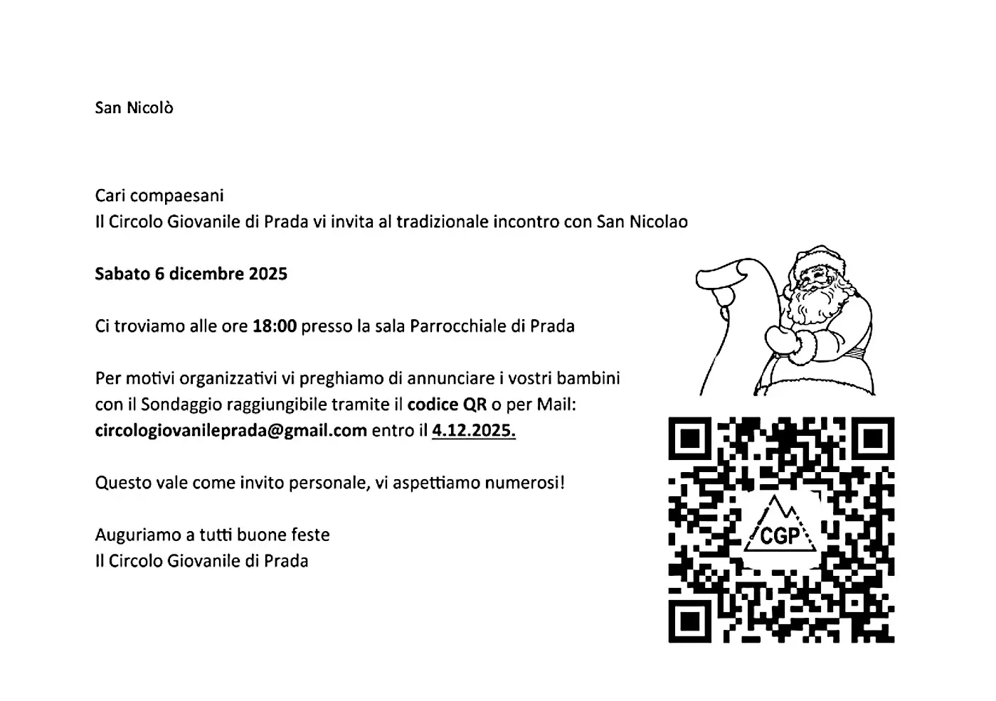 Invito al tradizionale incontro di San Nicola organizzato dal Circolo Giovanile di Prada. Data e ora: sabato 6 dicembre 2025 alle 18:00, presso