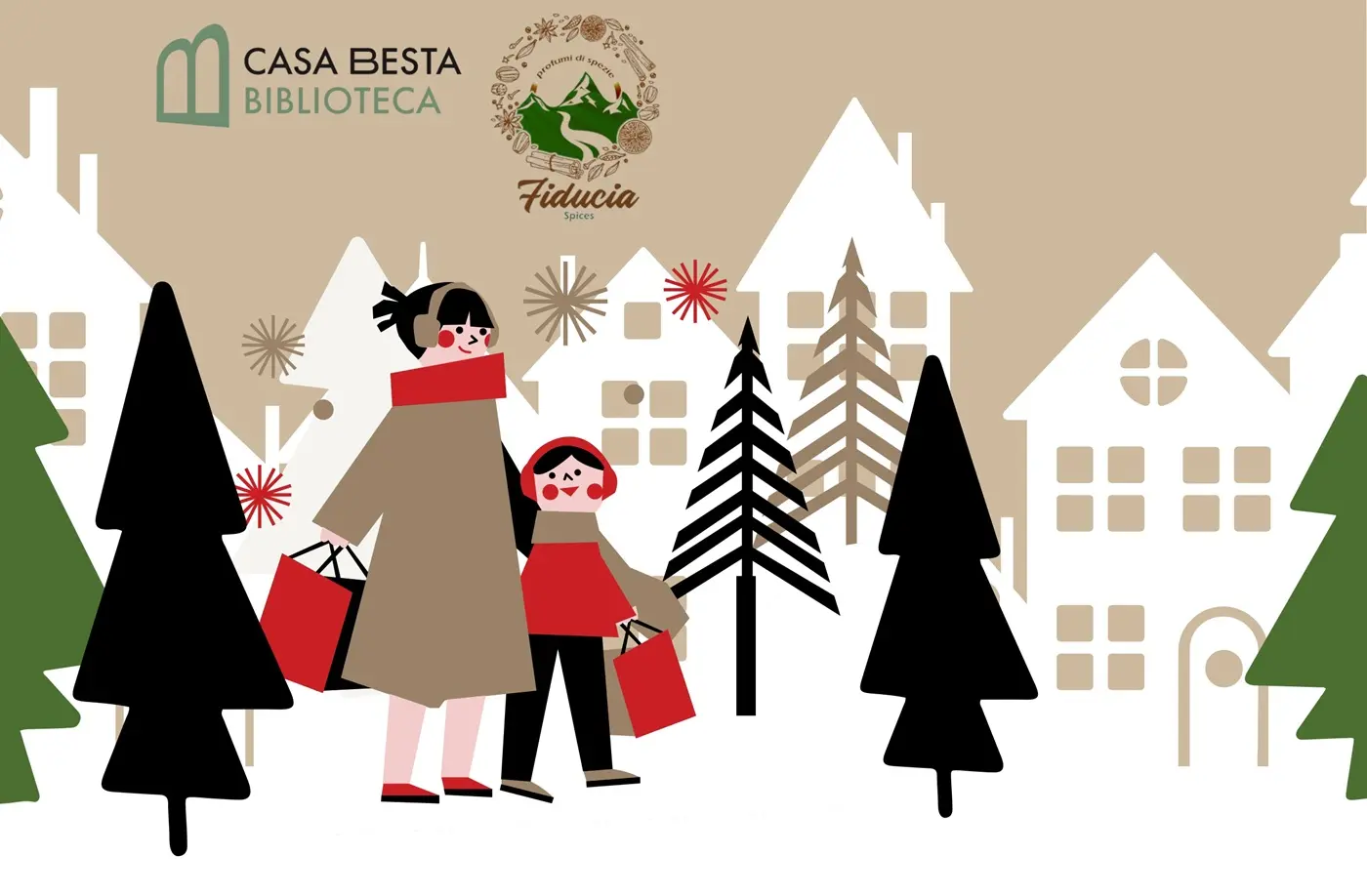 Una donna e un bambino sorridenti portano delle borse della spesa in un paesaggio invernale. Si vedono alberi di Natale stilizzati e case decorate. Sullo sf