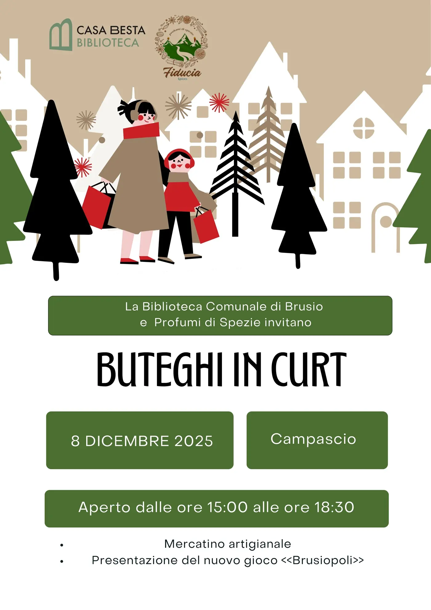 Poster promozionale per un evento chiamato "Buteghi in Curt" che si svolgerà l'8 dicembre 2025 a Campascio. Include illustrazioni di persone