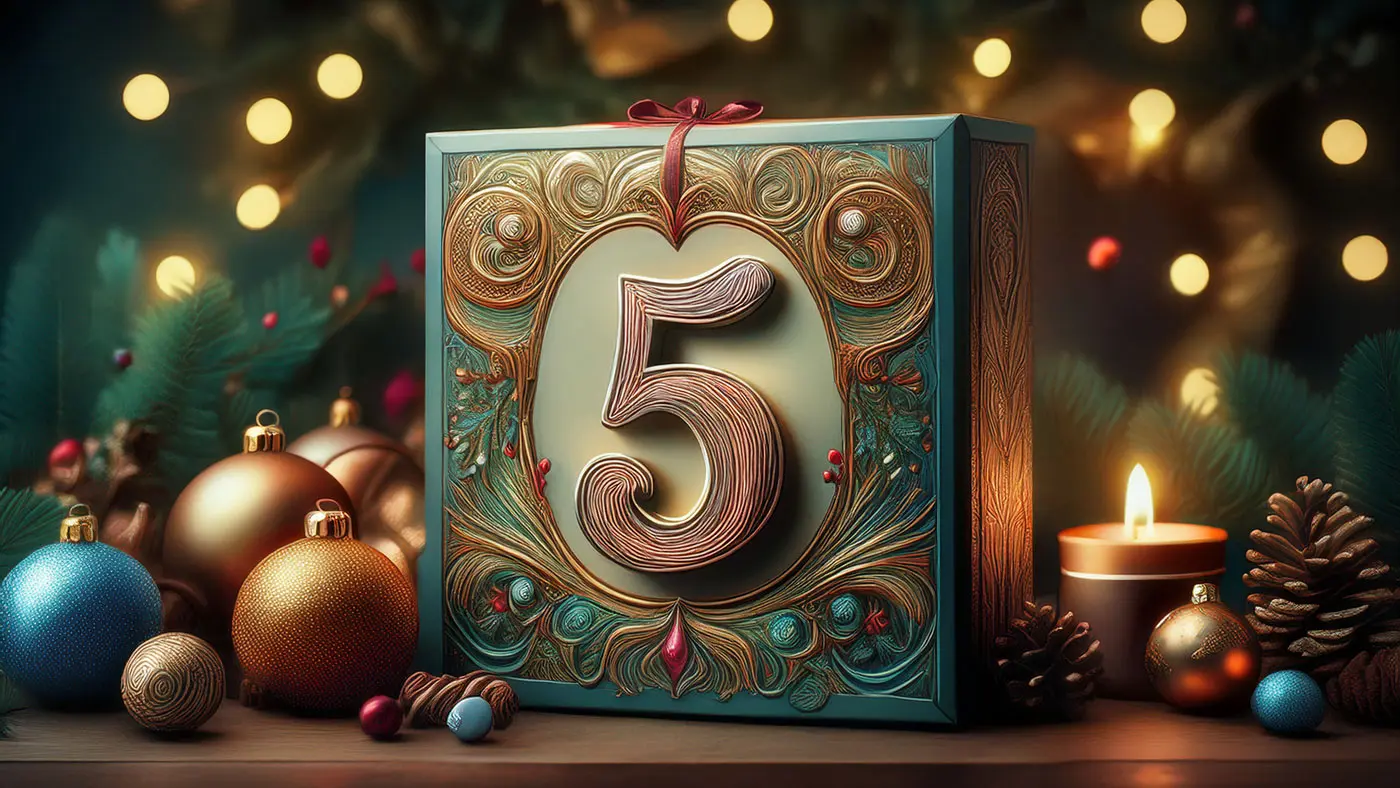 Scatola regalo decorata con il numero 5, circondata da ornamenti natalizi e una candela accesa, in un'atmosfera festosa.