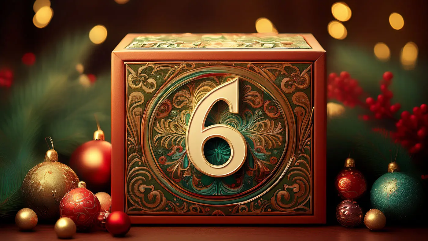Una scatola decorativa con il numero 6 in rilievo, circondata da ornamenti natalizi e sfondo festivo con luci brillanti.