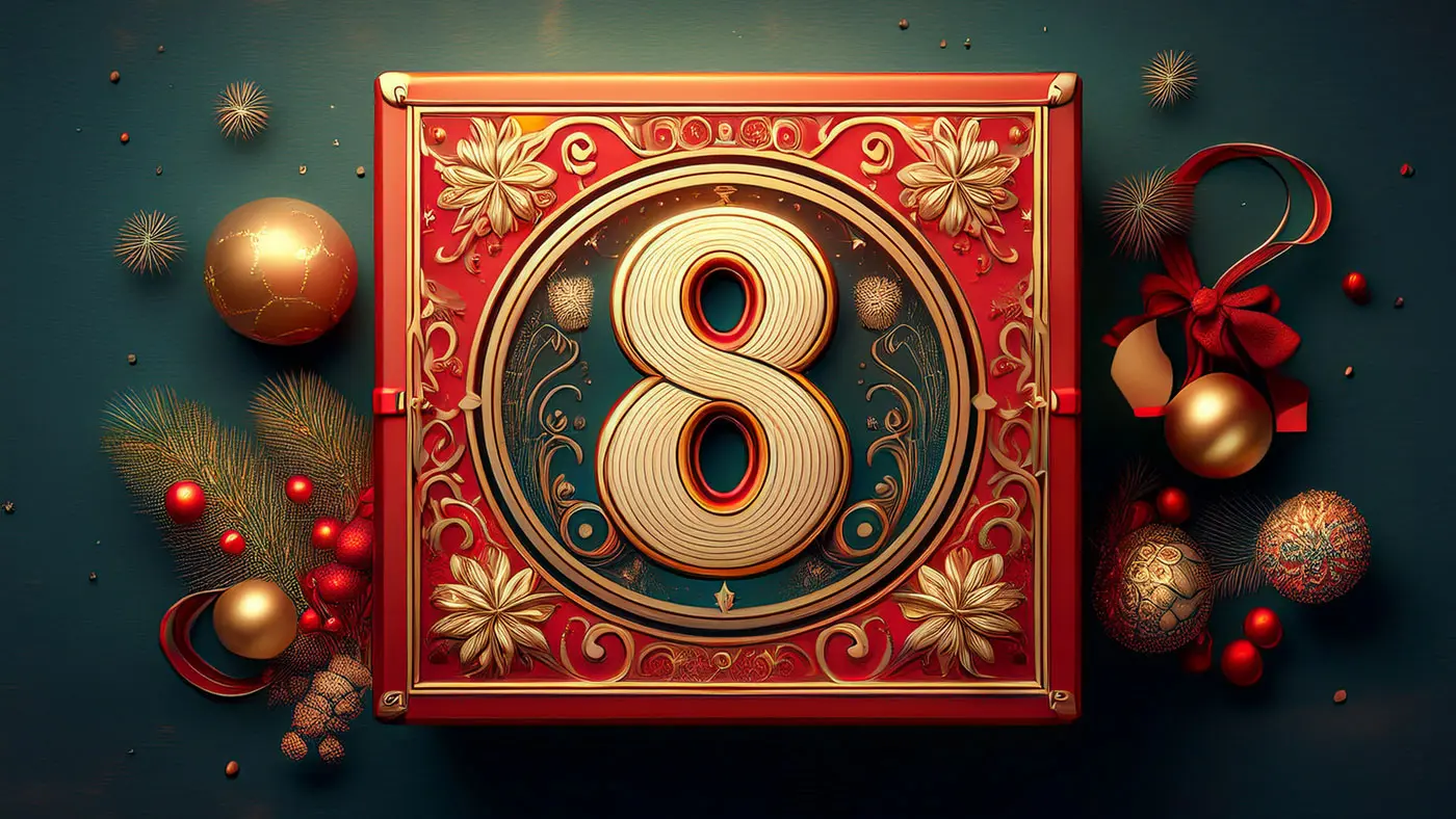 Un elegante design natalizio con il numero otto al centro. Decorazioni dorate e rosse adornano il contorno, con palline e rami di pino sullo sfondo.