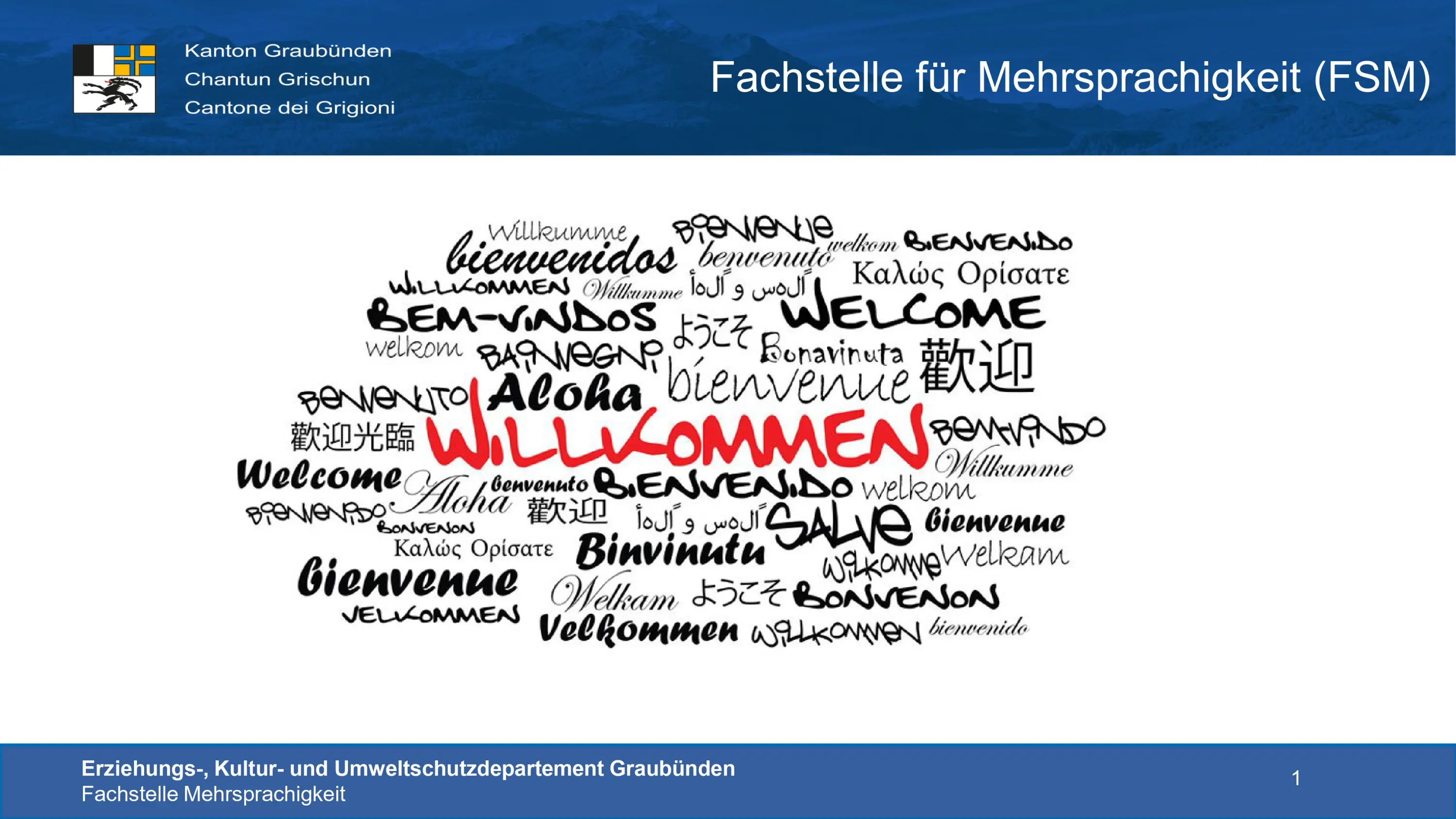 Parole di benvenuto in diverse lingue disposte artisticamente, con "Willkommen" al centro. Include saluti come "Bienvenu", "Bienvenida", "Aloha" e