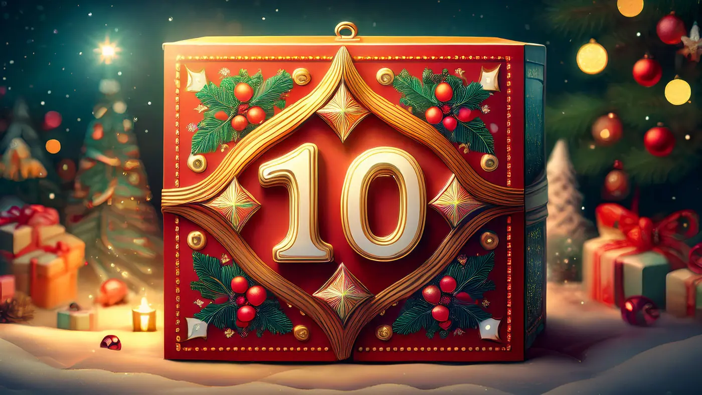 Scatola regalo decorata con foglie di agrifoglio e numeri dorati "10", ambientata in un'atmosfera natalizia con luci e regali sullo sfondo
