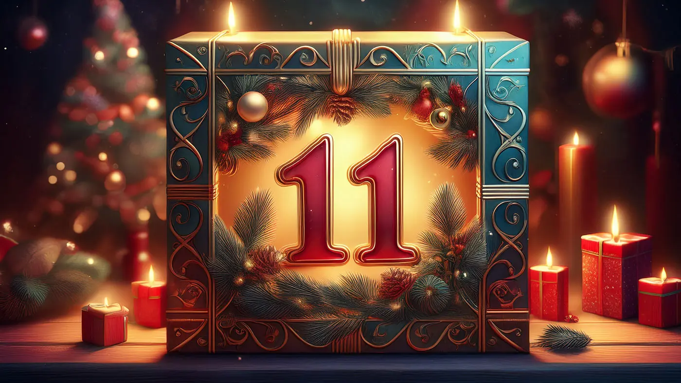 Un pacco regalo decorato con motivi natalizi, con il numero 11 al centro. Sullo sfondo ci sono alberi di Natale illuminati e candele accese.