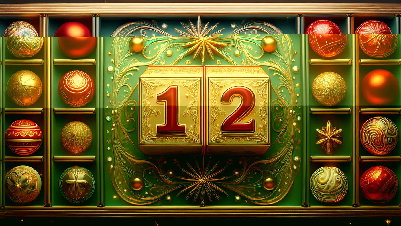 Due cubi dorati con i numeri "1" e "2" su uno sfondo decorato con addobbi natalizi colorati.