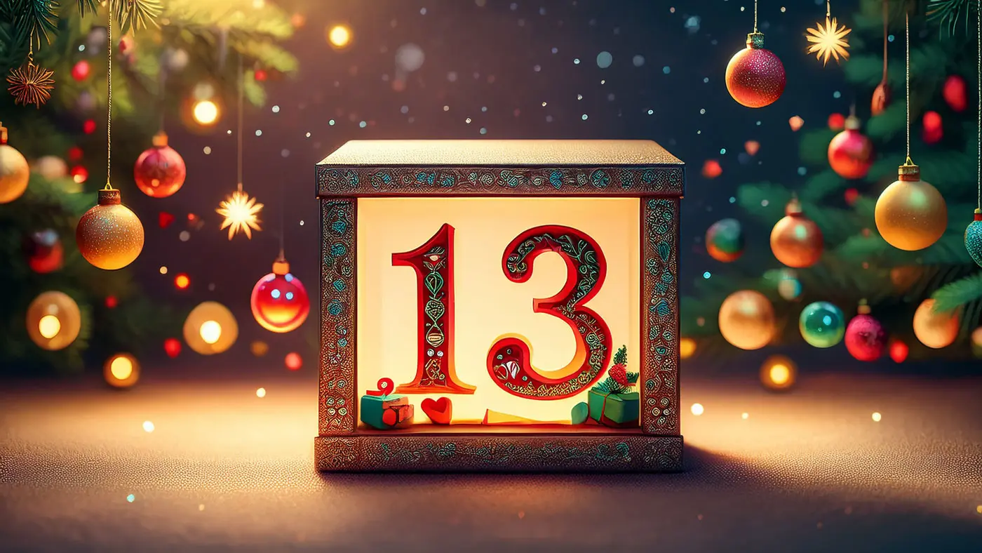 Una scatola decorativa con il numero 13 in evidenza, circondata da palline natalizie e luci, in un'atmosfera festiva e accogliente.