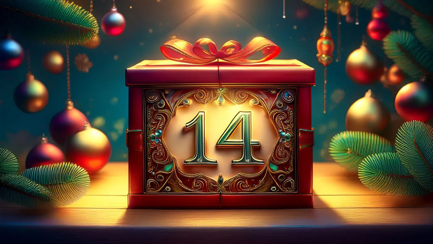 Scatola regalo decorata con un grande numero "14" e un nastro rosso, circondata da palline natalizie e rami d'albero. luce calda illumina