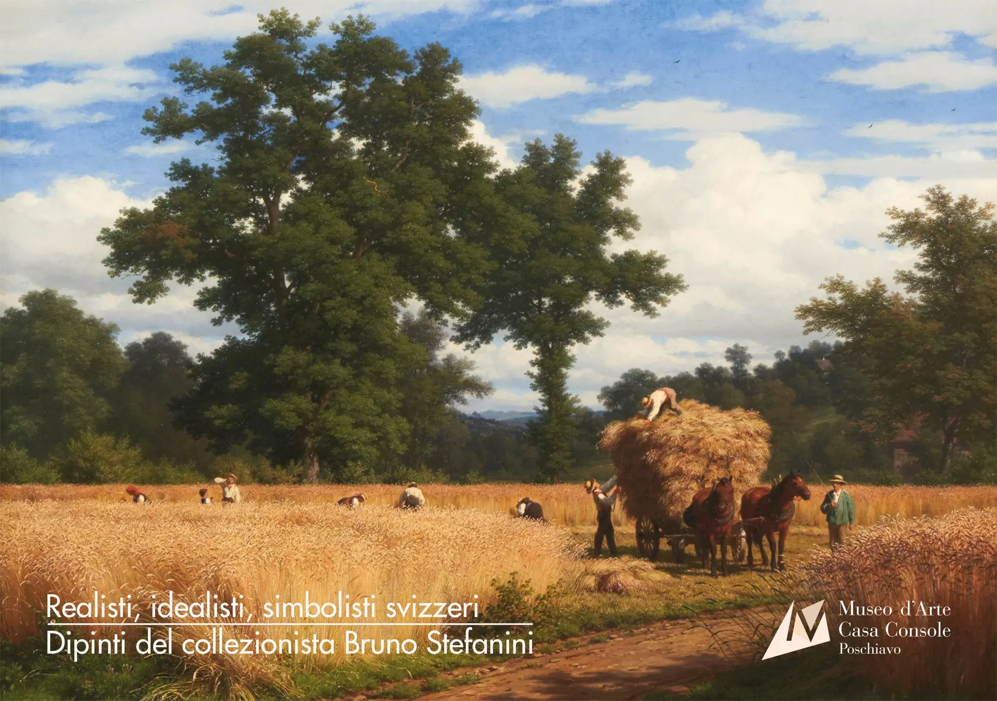 Contadini che lavorano in un campo di grano dorato, con carri e animali, sotto un cielo blu. Sullo sfondo, alberi verdi si stagliano contro il pa