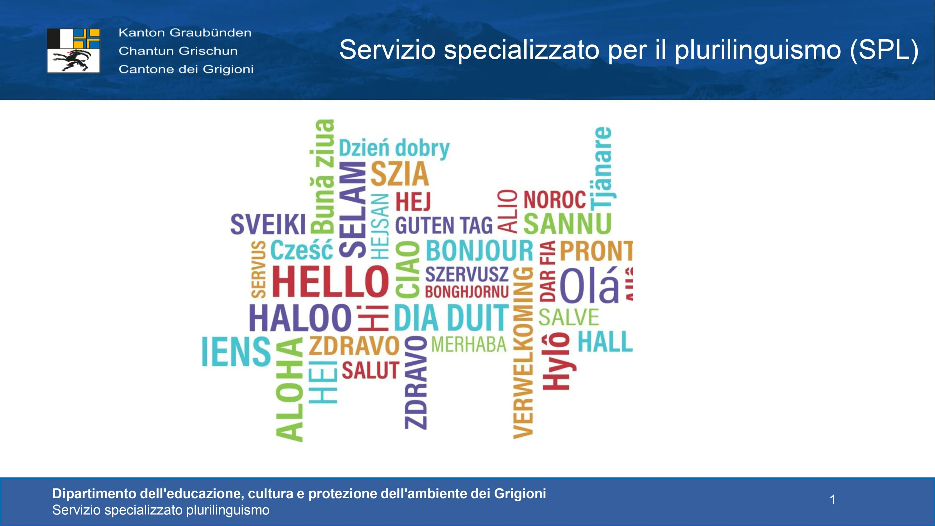 Parole di saluto in diverse lingue disposte in modo colorato e creativo. Il testo evidenzia la varietà linguistica e culturale, con termini come "Hello", "C