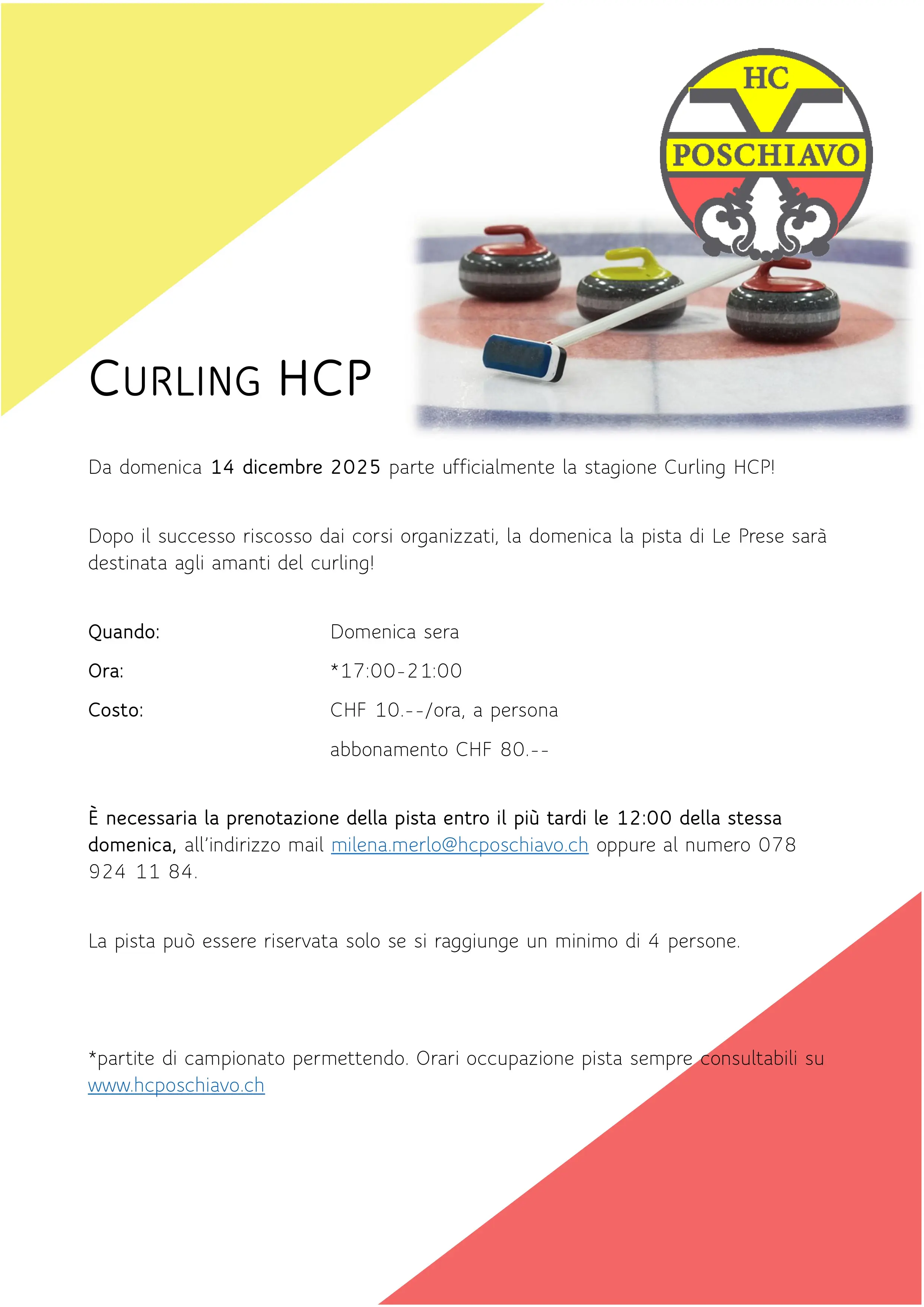 Volantino che annuncia l'inizio della stagione di curling HCP il 14 dicembre 2025. Include dettagli sull'orario, il costo e informazioni per la prenotazione. Logo H